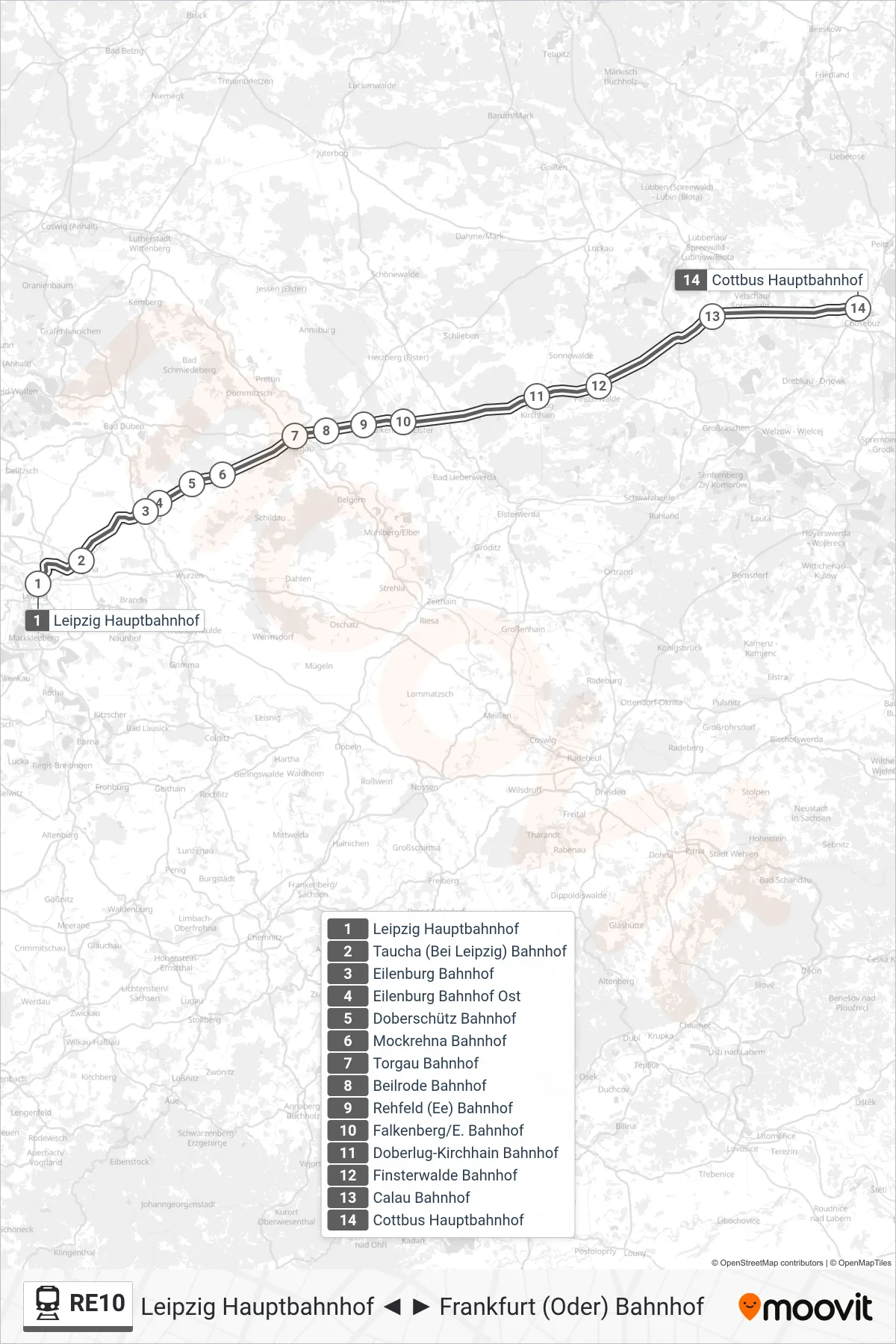 RE10 rail Line (Cottbus Hauptbahnhof) route and stops on a map