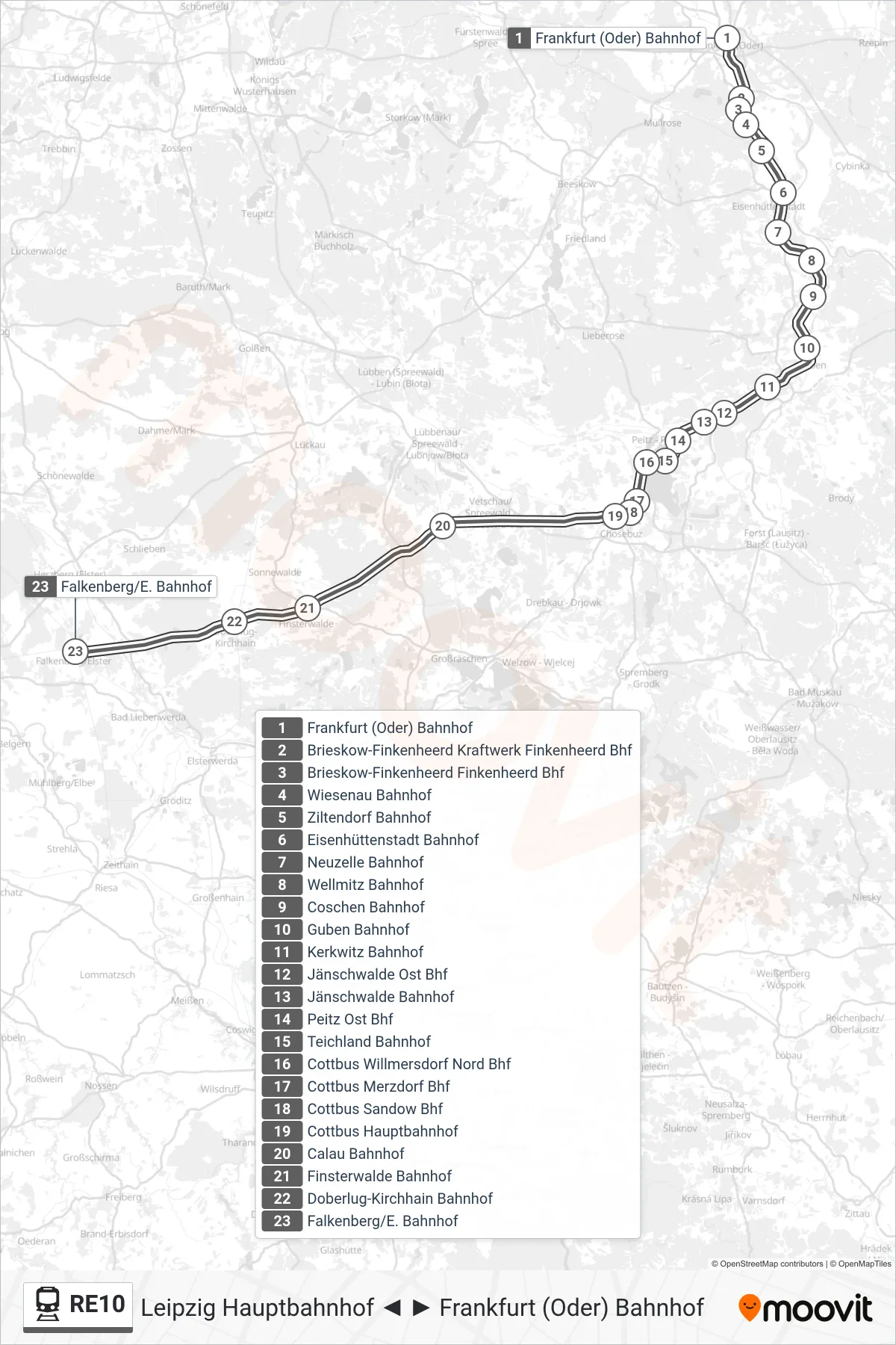 RE10 rail Line (Falkenberg/E. Bahnhof) route and stops on a map