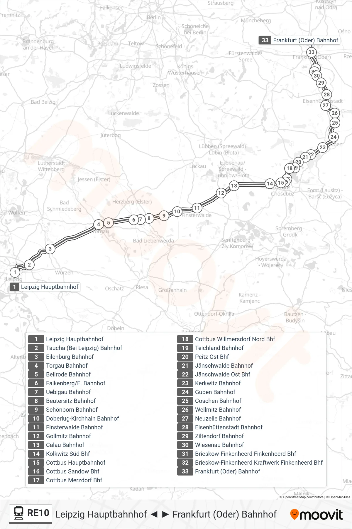 RE10 train Line (Frankfurt (Oder) Bahnhof) route and stops on a map