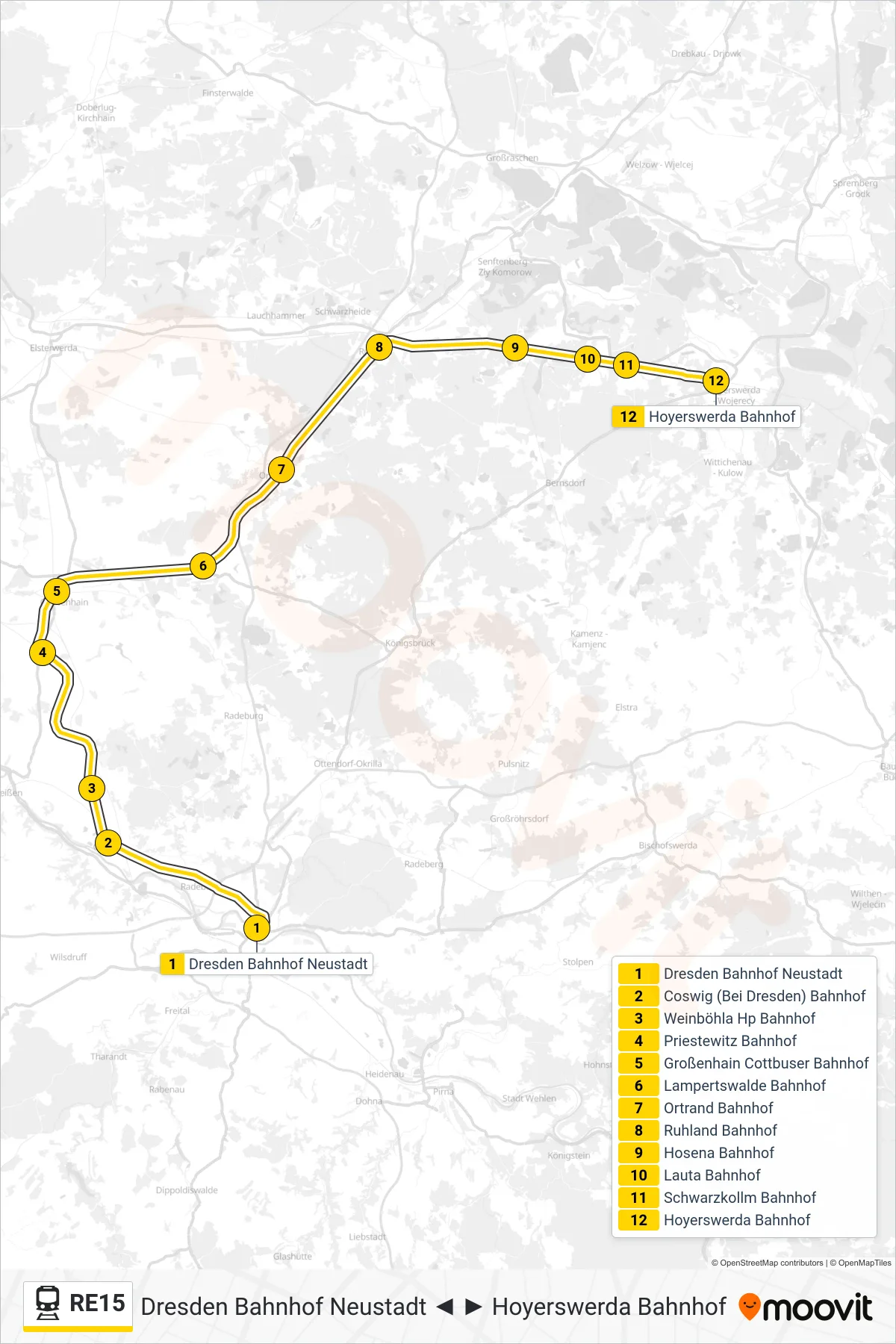 RE15 train Line (Hoyerswerda Bahnhof) route and stops on a map