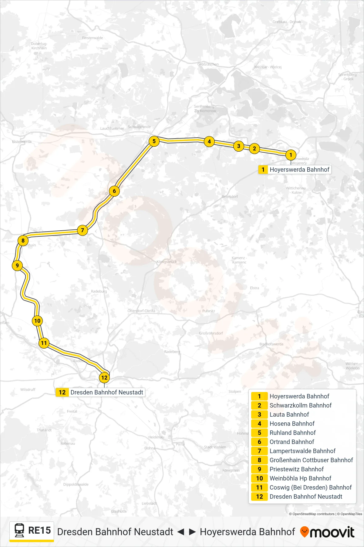 Linie RE15 (Bahn) Richtung Dresden Bahnhof Neustadt: Route und Haltestellen auf der Karte
