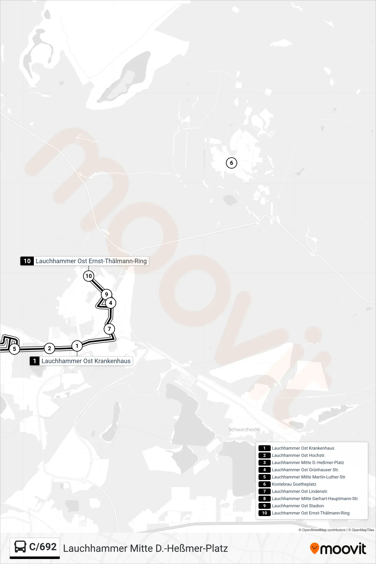 Linie C/692 (Bus) Richtung Lauchhammer Mitte D.-Heßmer-Platz: Route und Haltestellen auf der Karte
