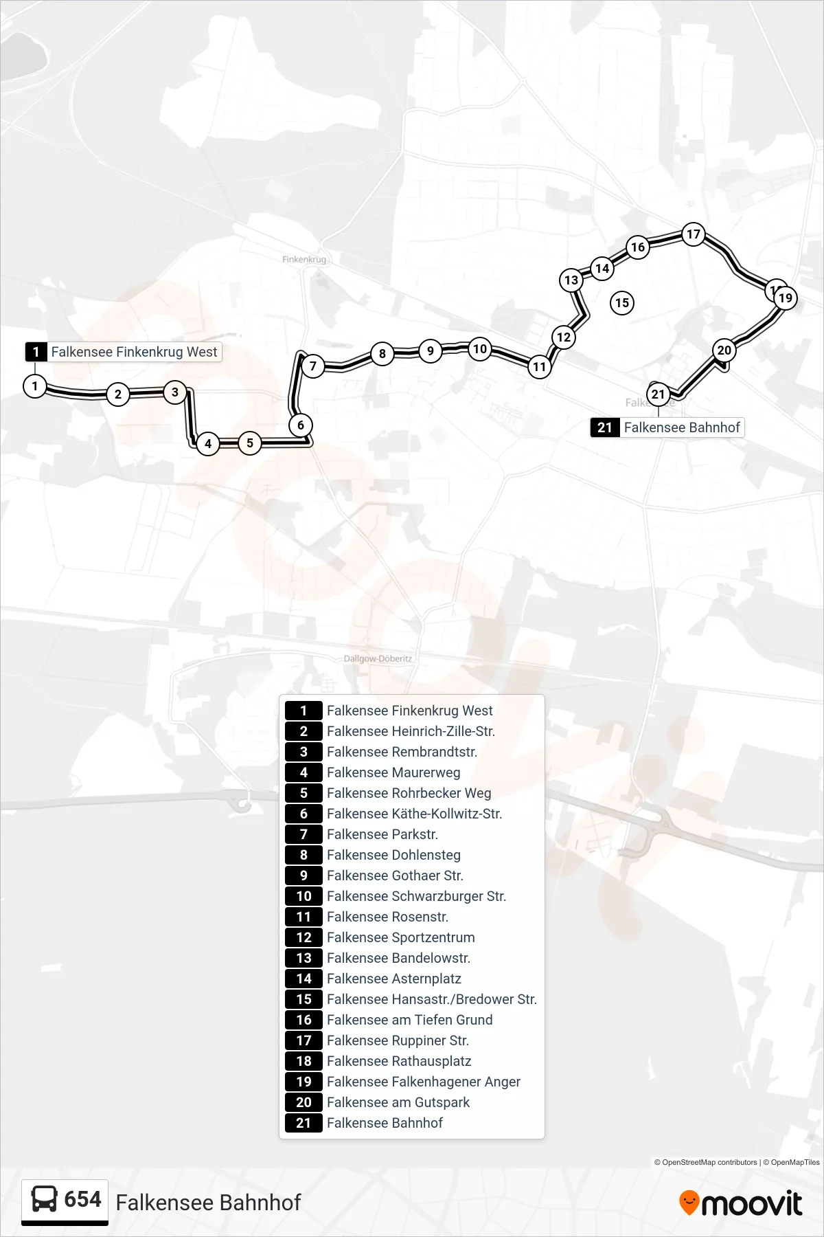 Linie 654 (Bus) Richtung Falkensee Bahnhof: Route und Haltestellen auf der Karte