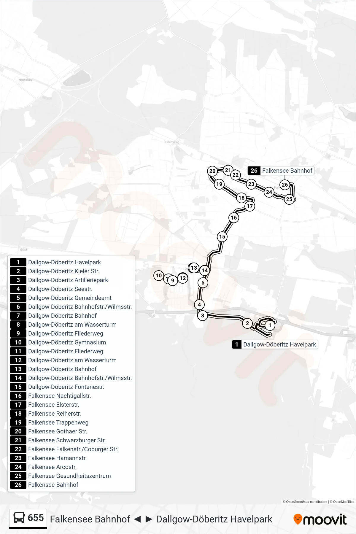 Linie 655 (Bus) Richtung Falkensee Bahnhof: Route und Haltestellen auf der Karte