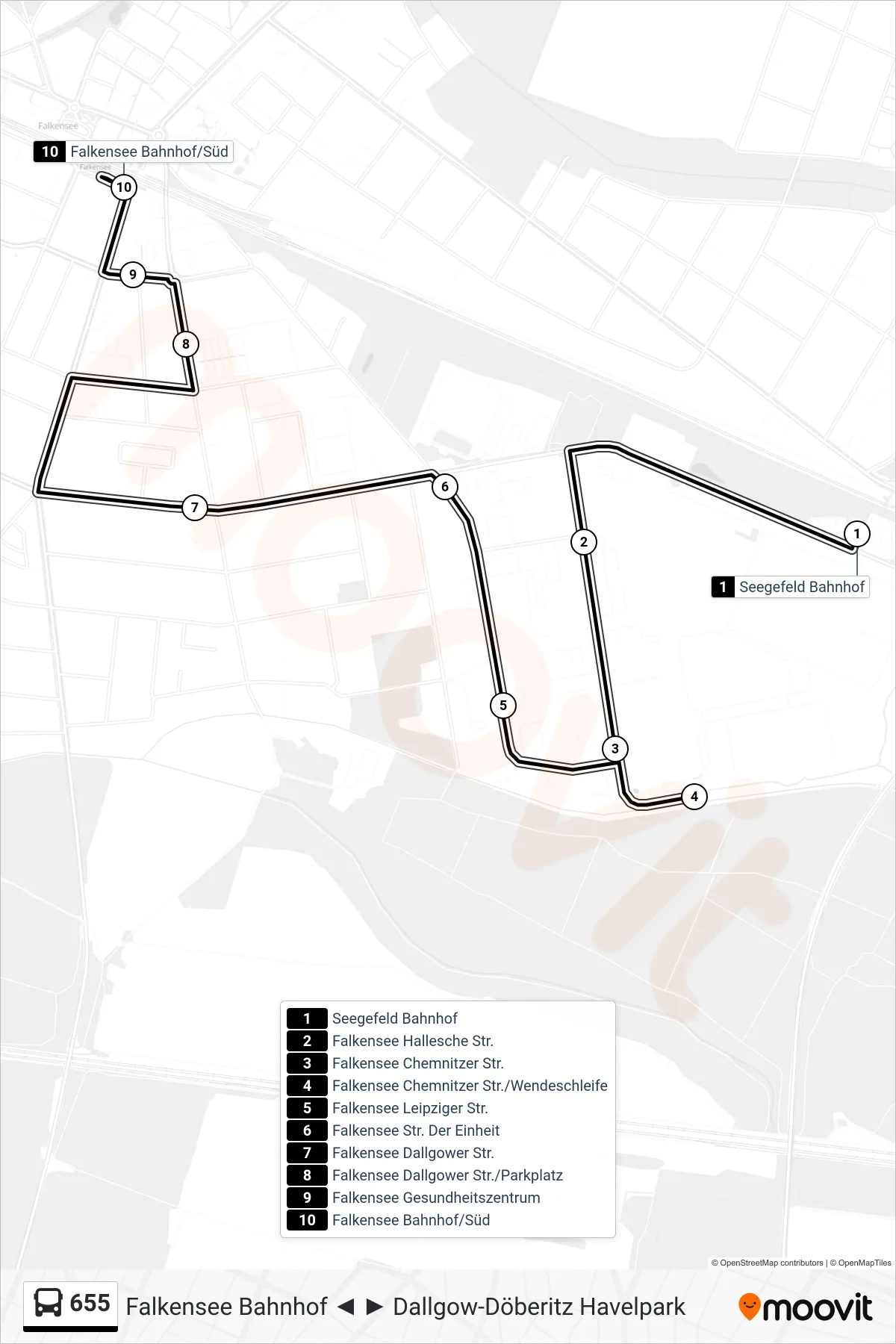 Linie 655 (Bus) Richtung Falkensee Bahnhof/Süd: Route und Haltestellen auf der Karte