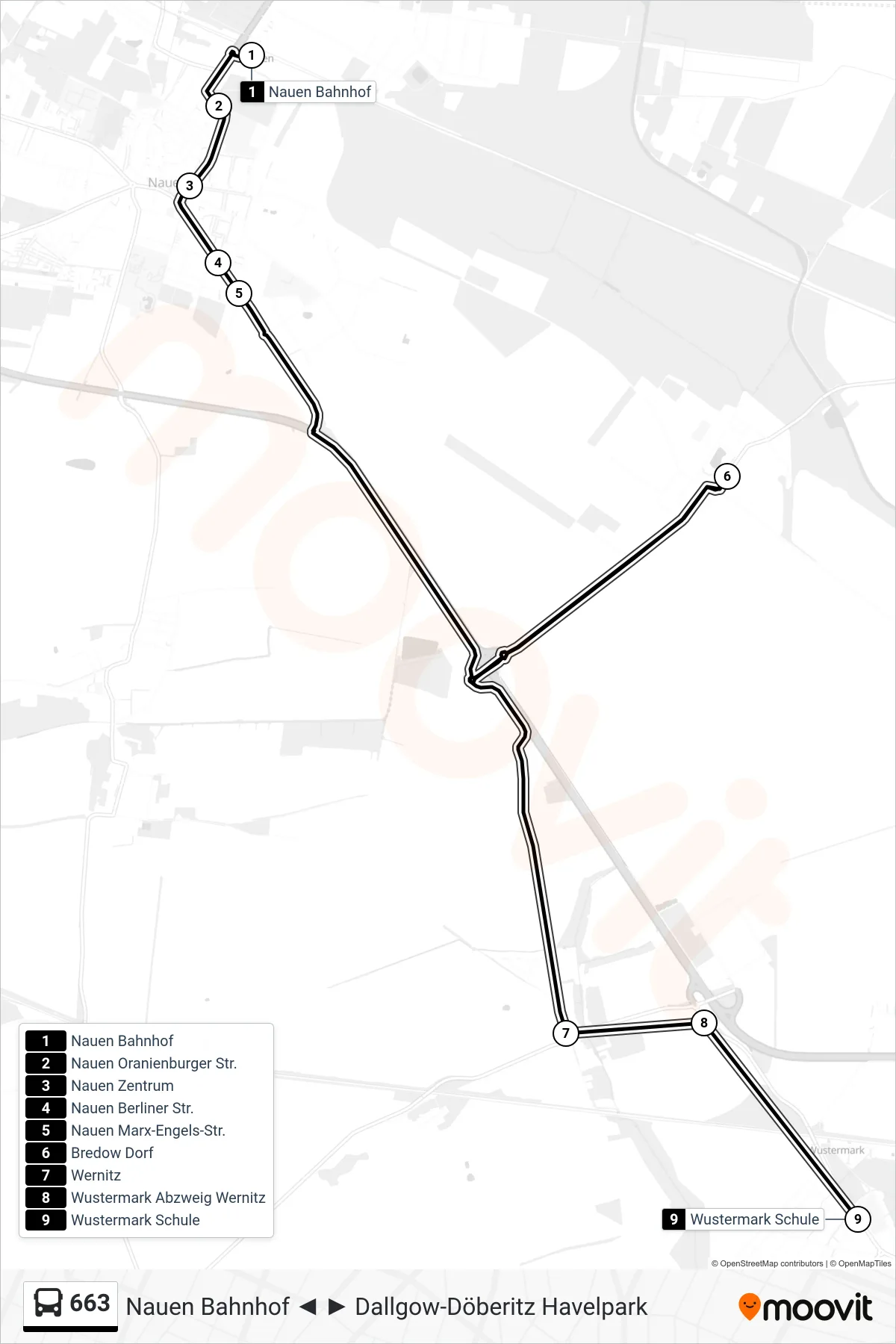 Linie 663 (Bus) Richtung Wustermark Schule: Route und Haltestellen auf der Karte