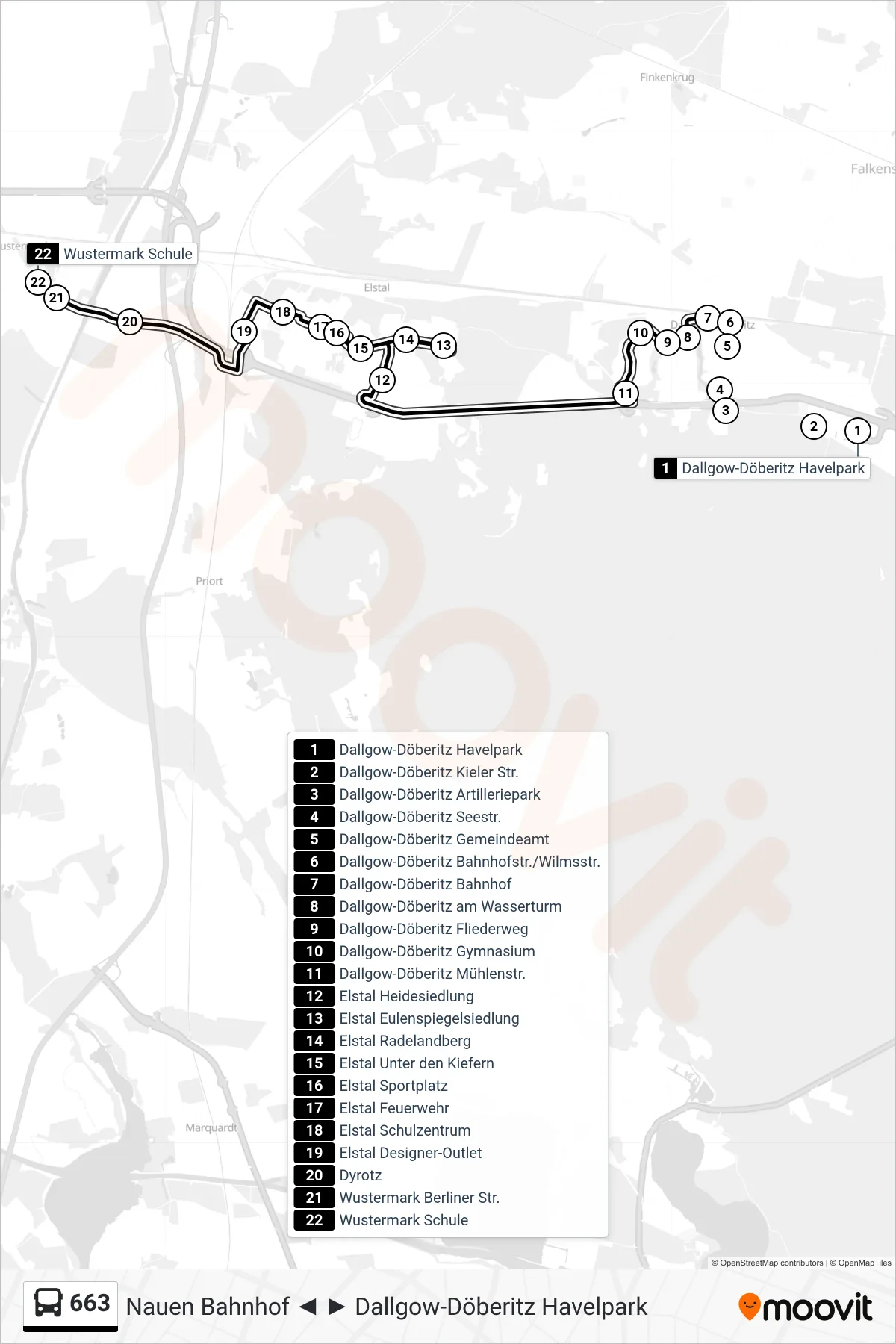 Linie 663 (Bus) Richtung Wustermark Schule: Route und Haltestellen auf der Karte