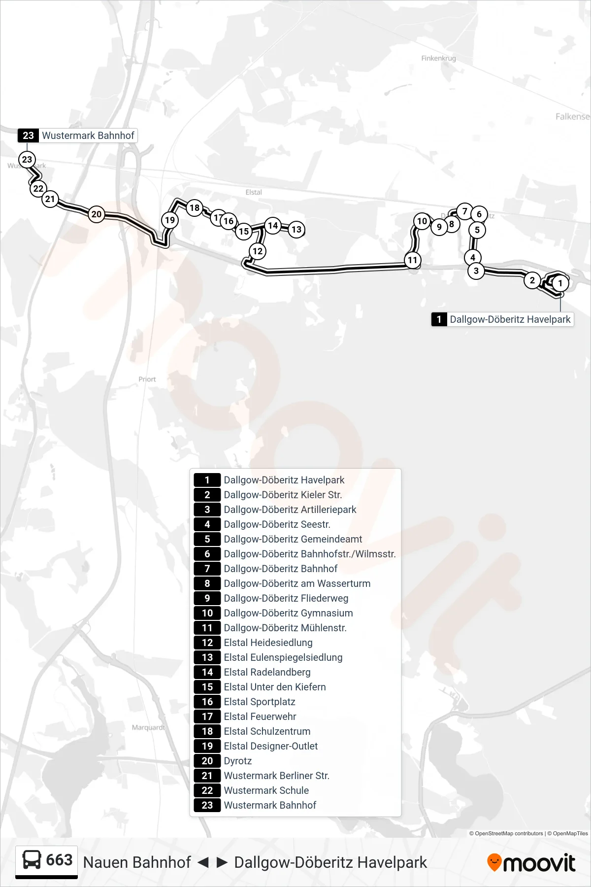 Linie 663 (Bus) Richtung Wustermark Bahnhof: Route und Haltestellen auf der Karte
