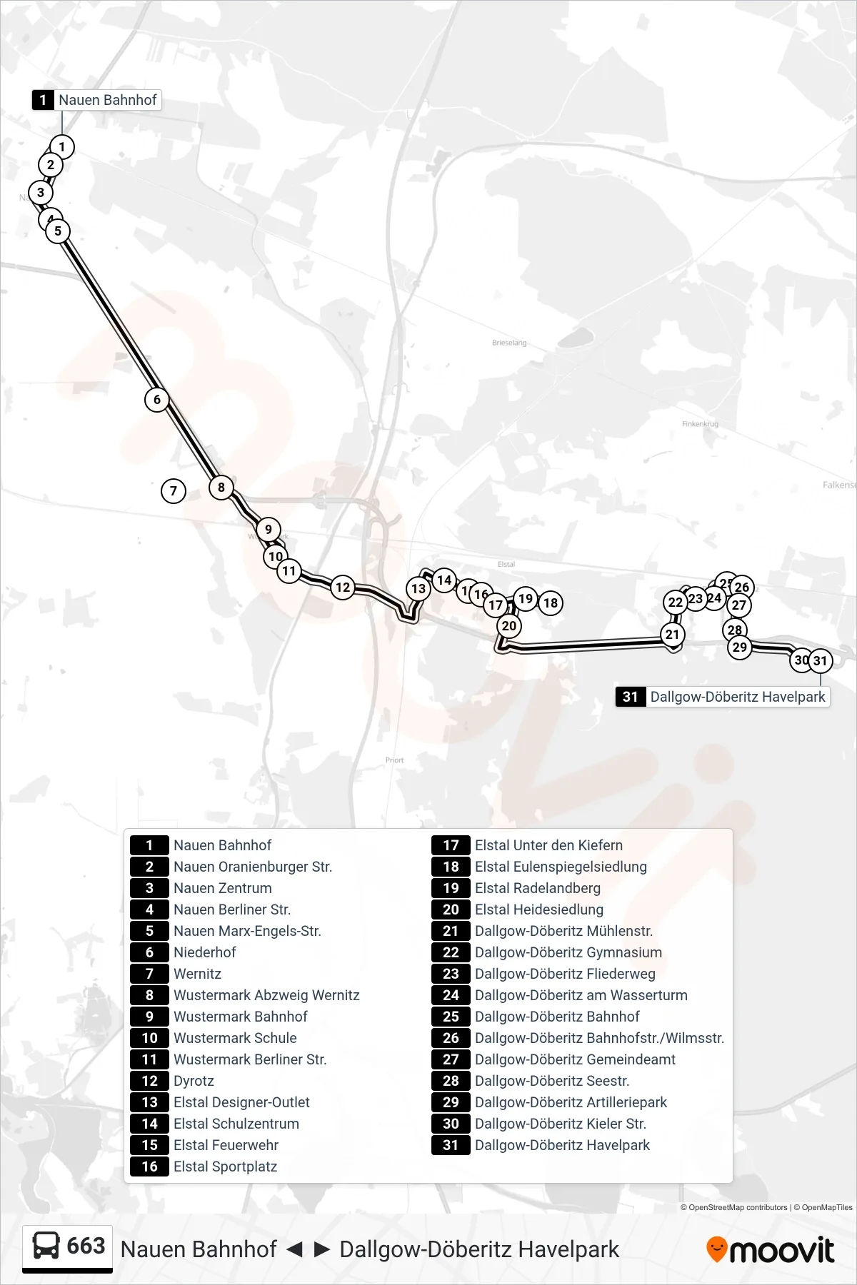 Linie 663 (Bus) Richtung Dallgow-Döberitz Havelpark: Route und Haltestellen auf der Karte