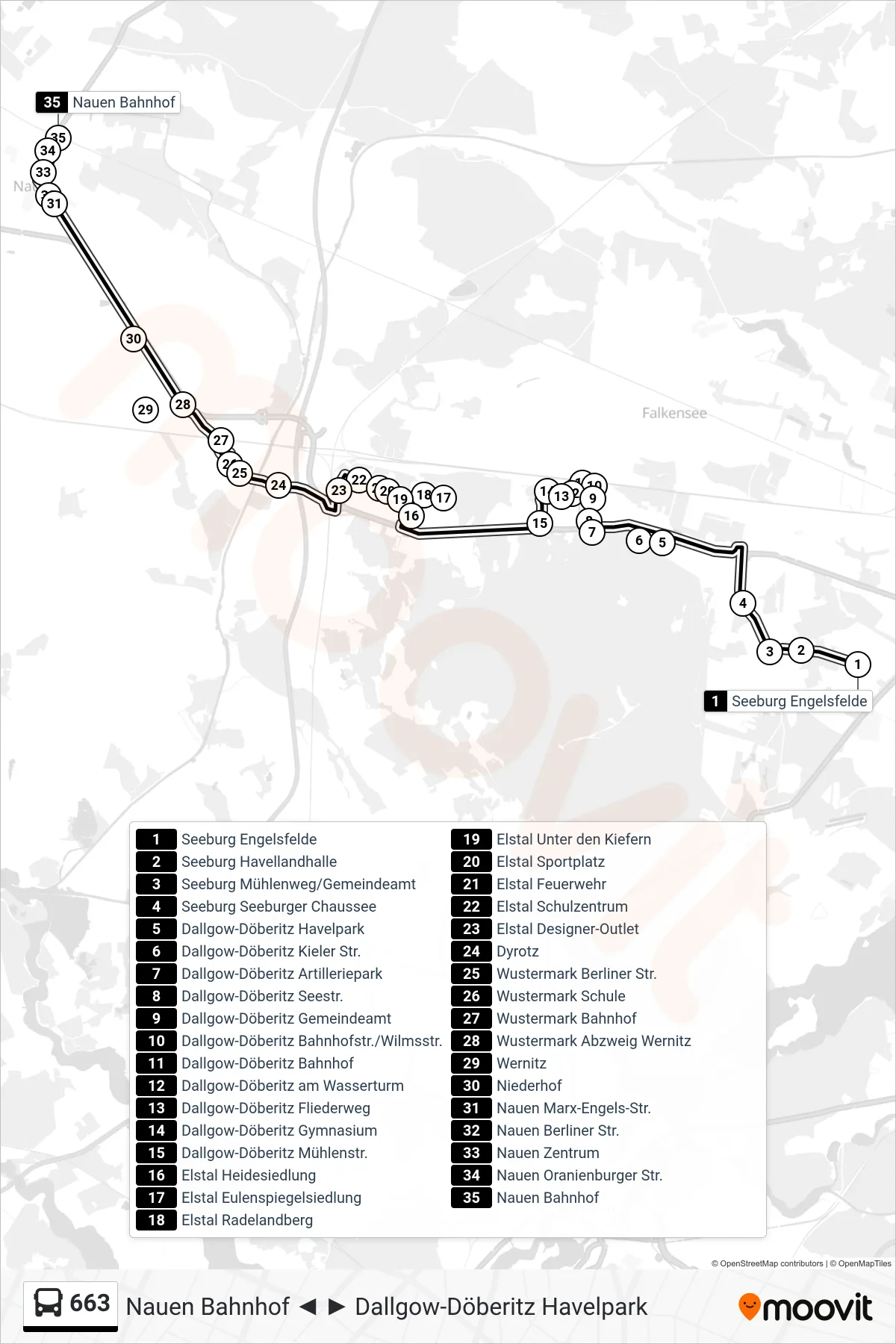 Linie 663 (Bus) Richtung Nauen Bahnhof: Route und Haltestellen auf der Karte