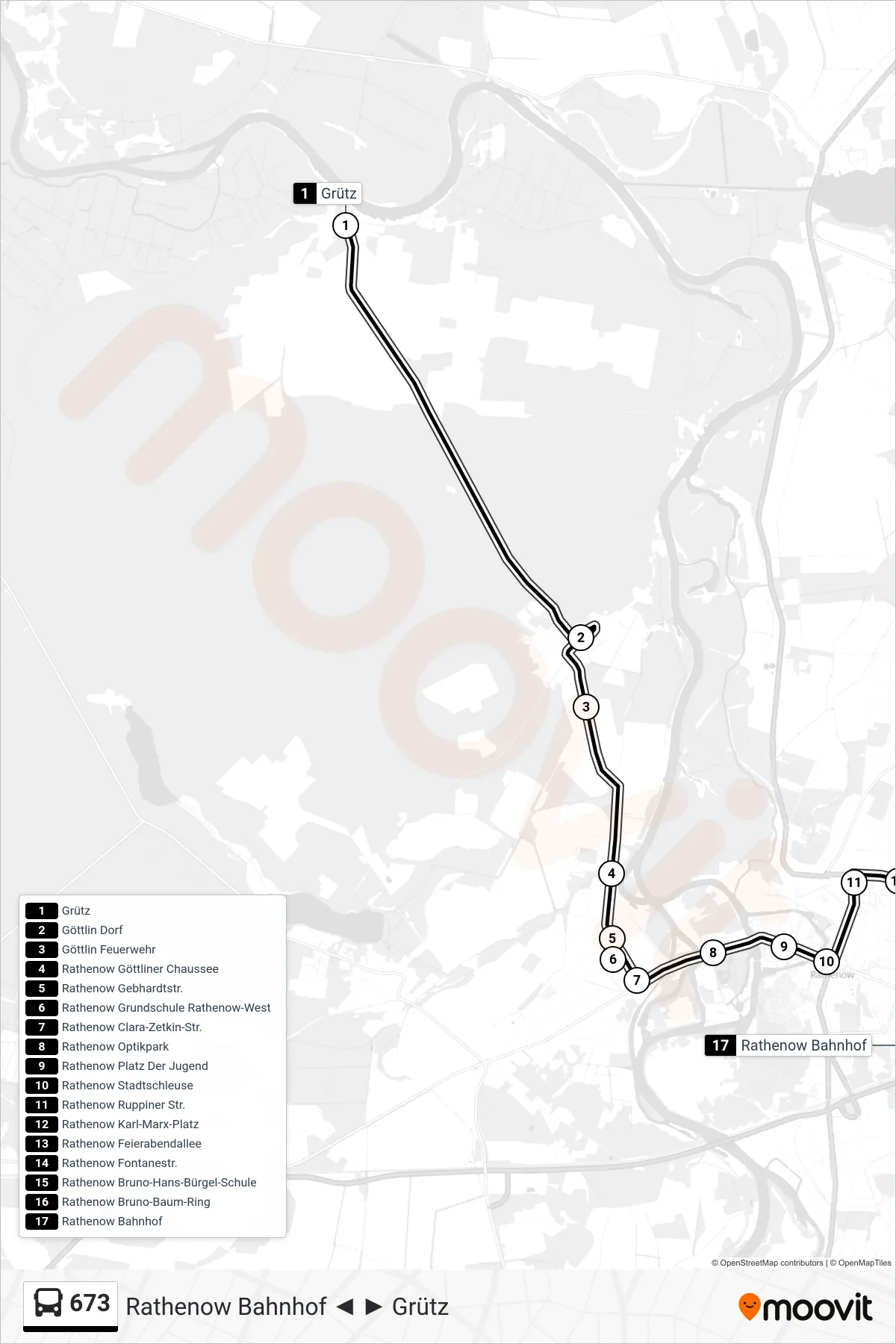 Linie 673 (Bus) Richtung Rathenow Bahnhof: Route und Haltestellen auf der Karte