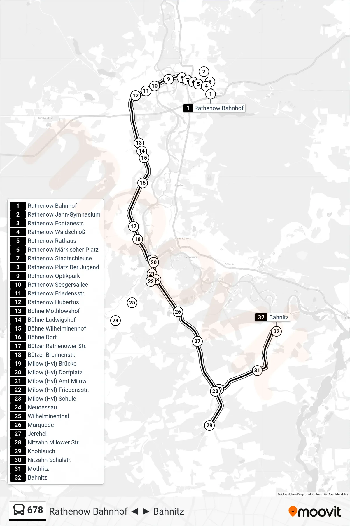 Linie 678 (Bus) Richtung Bahnitz: Route und Haltestellen auf der Karte