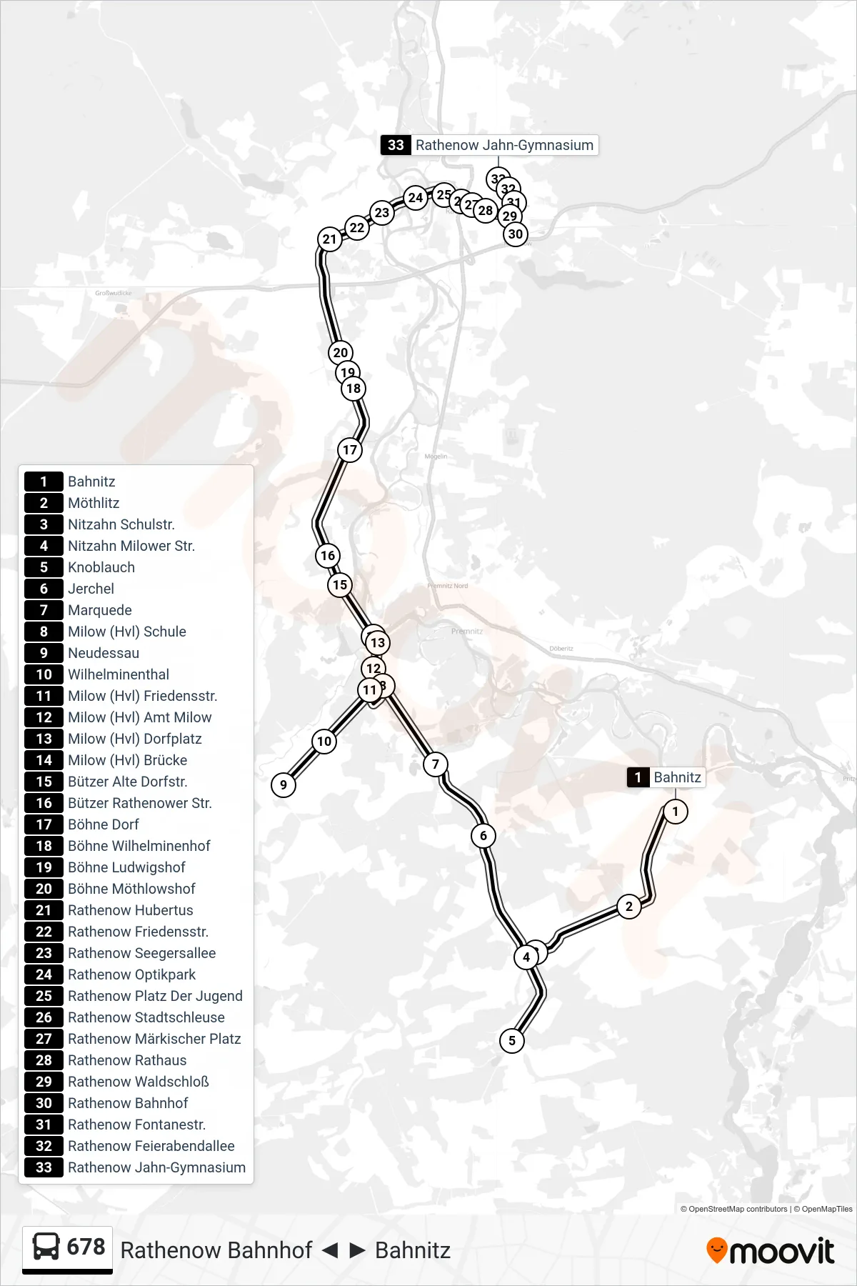Linie 678 (Bus) Richtung Rathenow Jahn-Gymnasium: Route und Haltestellen auf der Karte