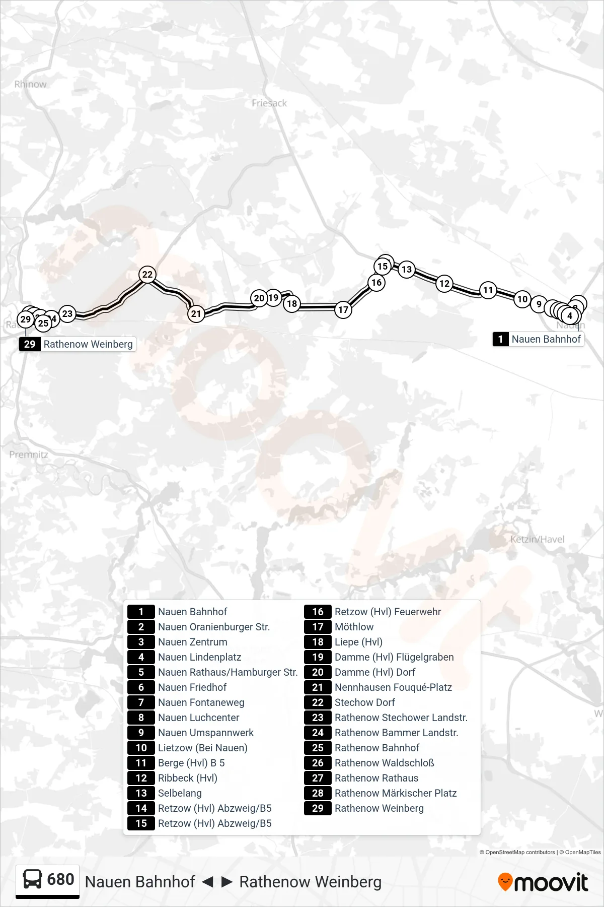 Linie 680 (Bus) Richtung Rathenow Weinberg: Route und Haltestellen auf der Karte