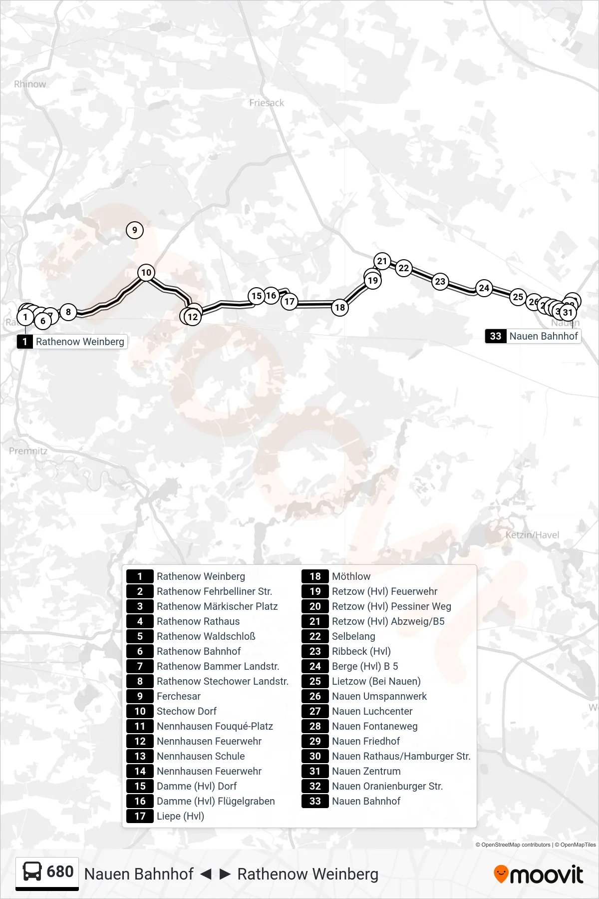 680 bus Line (Nauen Bahnhof) route and stops on a map