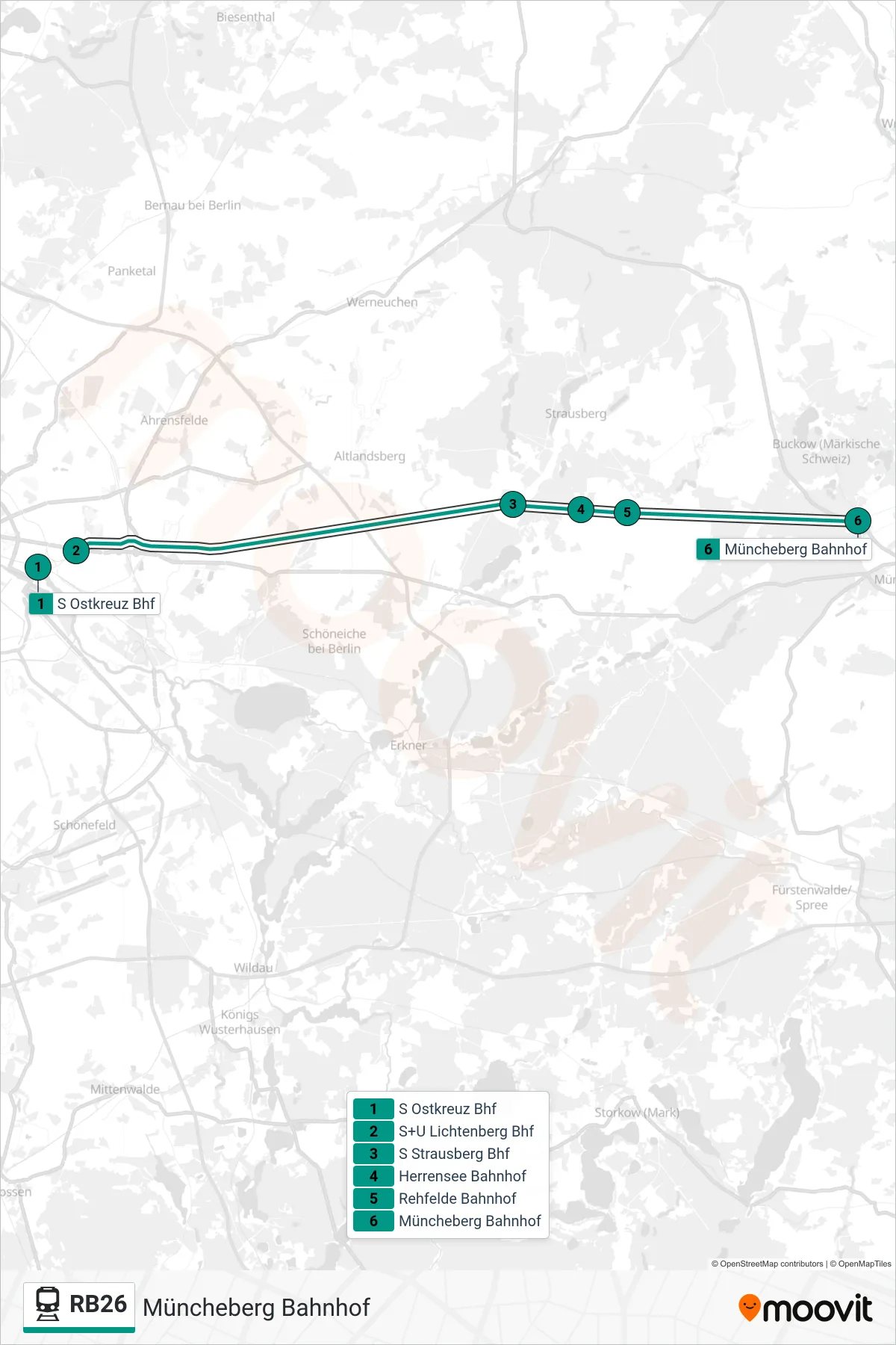 RB26 train Line (Müncheberg Bahnhof) route and stops on a map