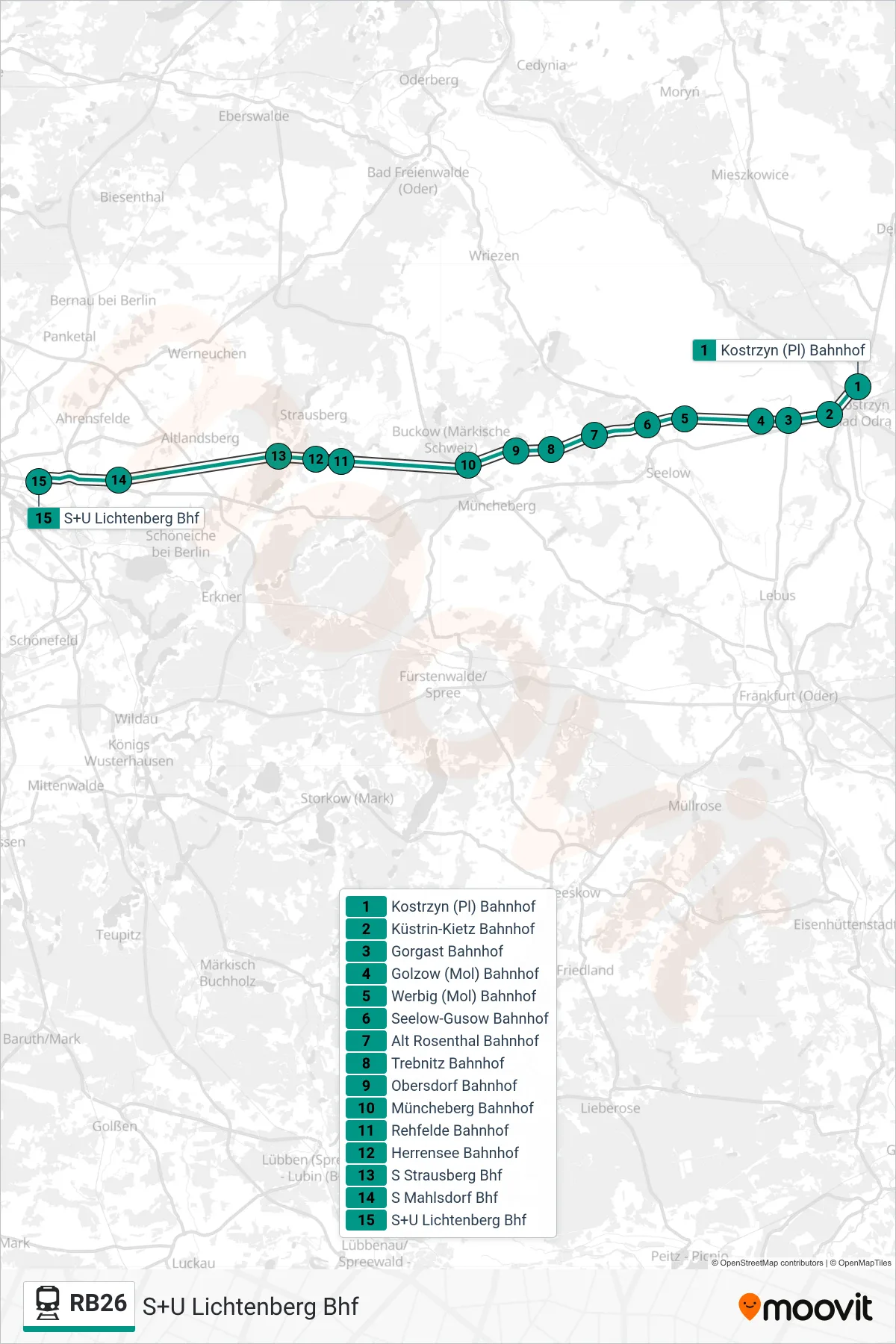 Linie RB26 (Bahn) Richtung S+U Lichtenberg Bhf: Route und Haltestellen auf der Karte