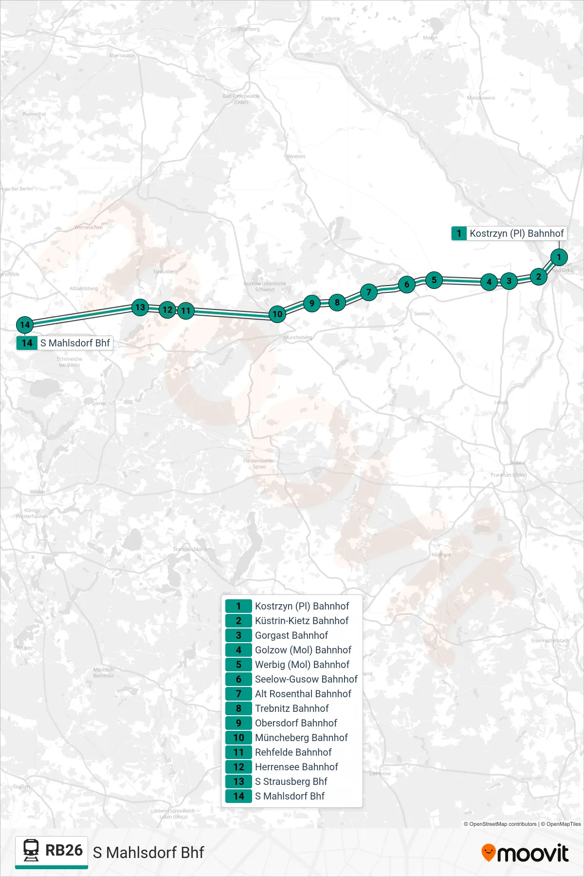 Linie RB26 (Bahn) Richtung S Mahlsdorf Bhf: Route und Haltestellen auf der Karte