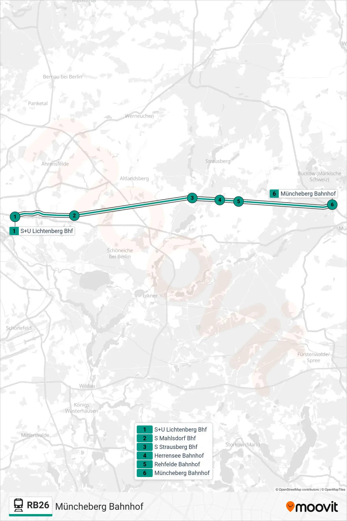 Linie RB26 (Bahn) Richtung Müncheberg Bahnhof: Route und Haltestellen auf der Karte