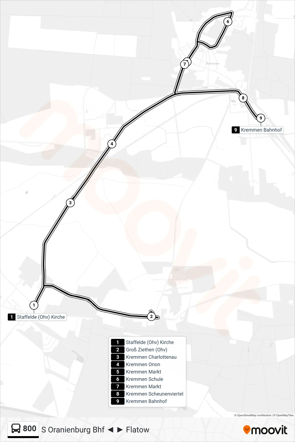 Linie 800 (Bus) Richtung Kremmen Bahnhof: Route und Haltestellen auf der Karte