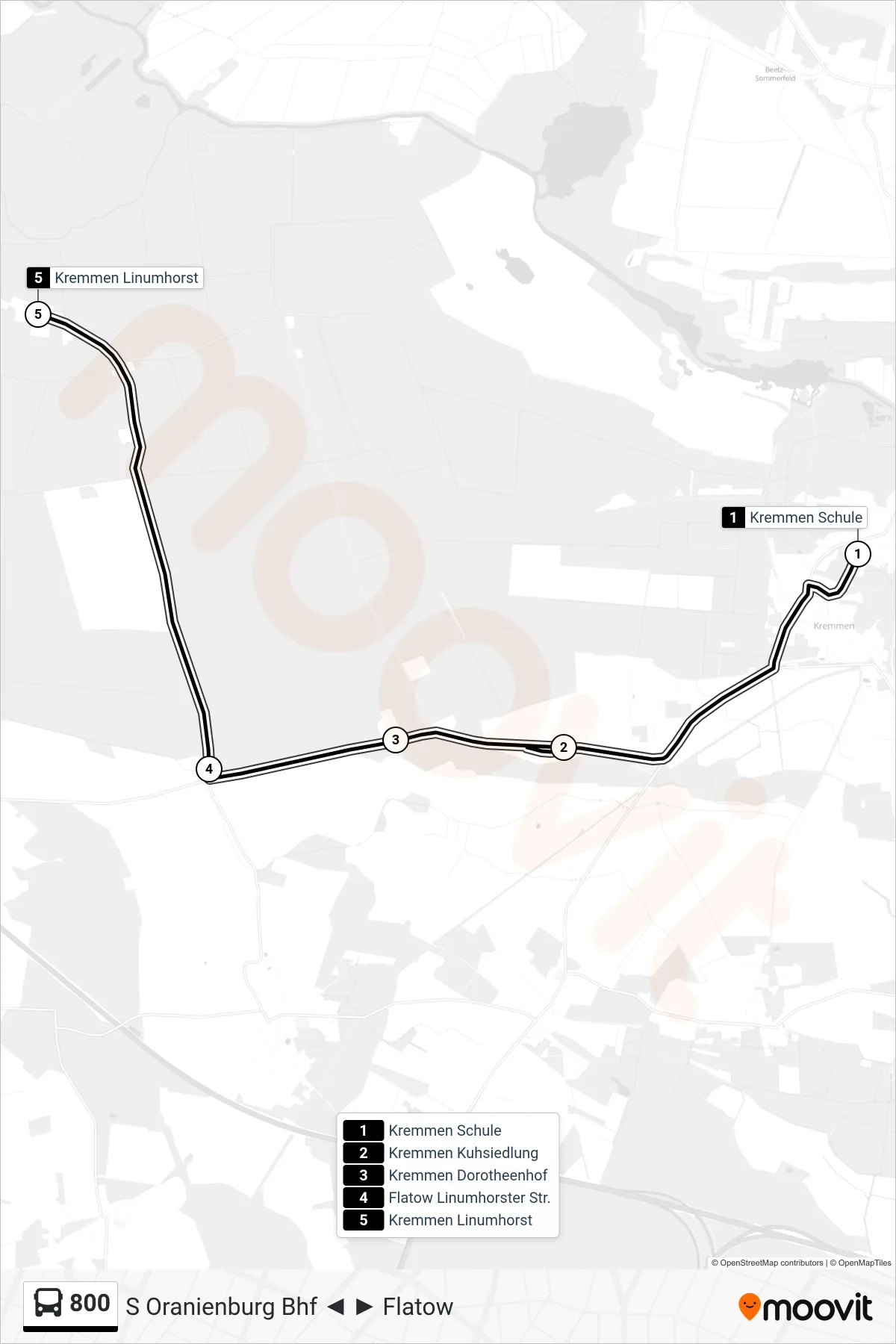 Linie 800 (Bus) Richtung Kremmen Linumhorst: Route und Haltestellen auf der Karte