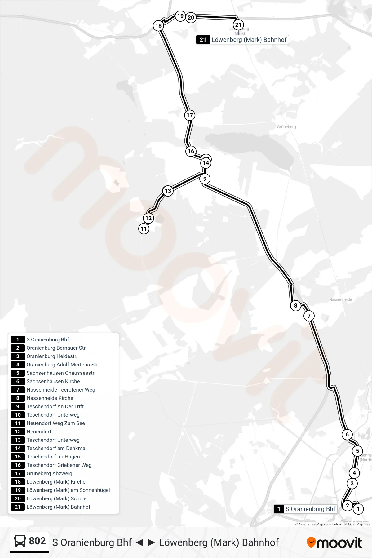802 bus Line (Löwenberg (Mark) Bahnhof) route and stops on a map