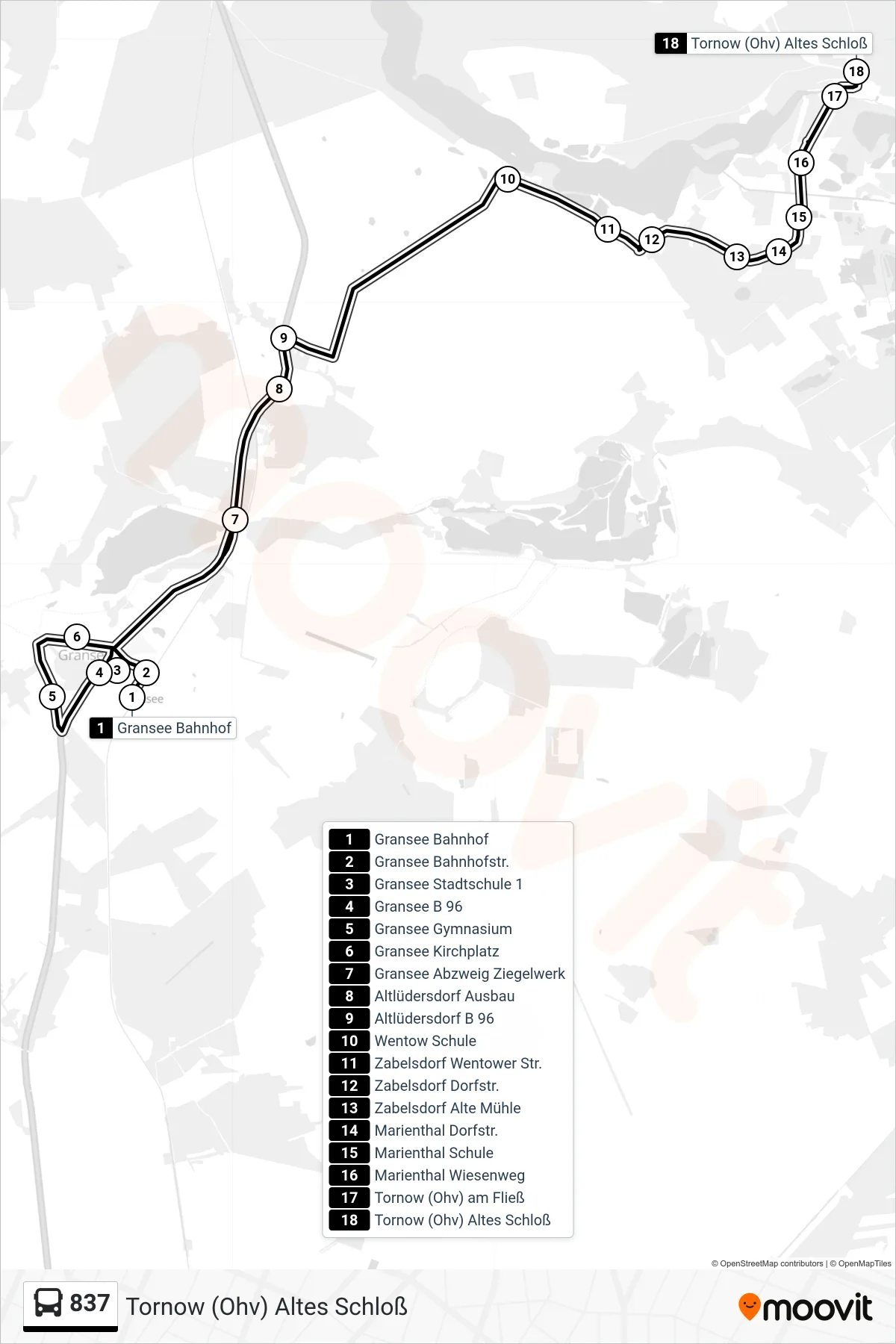 Linie 837 (Bus) Richtung Tornow (Ohv) Altes Schloß: Route und Haltestellen auf der Karte