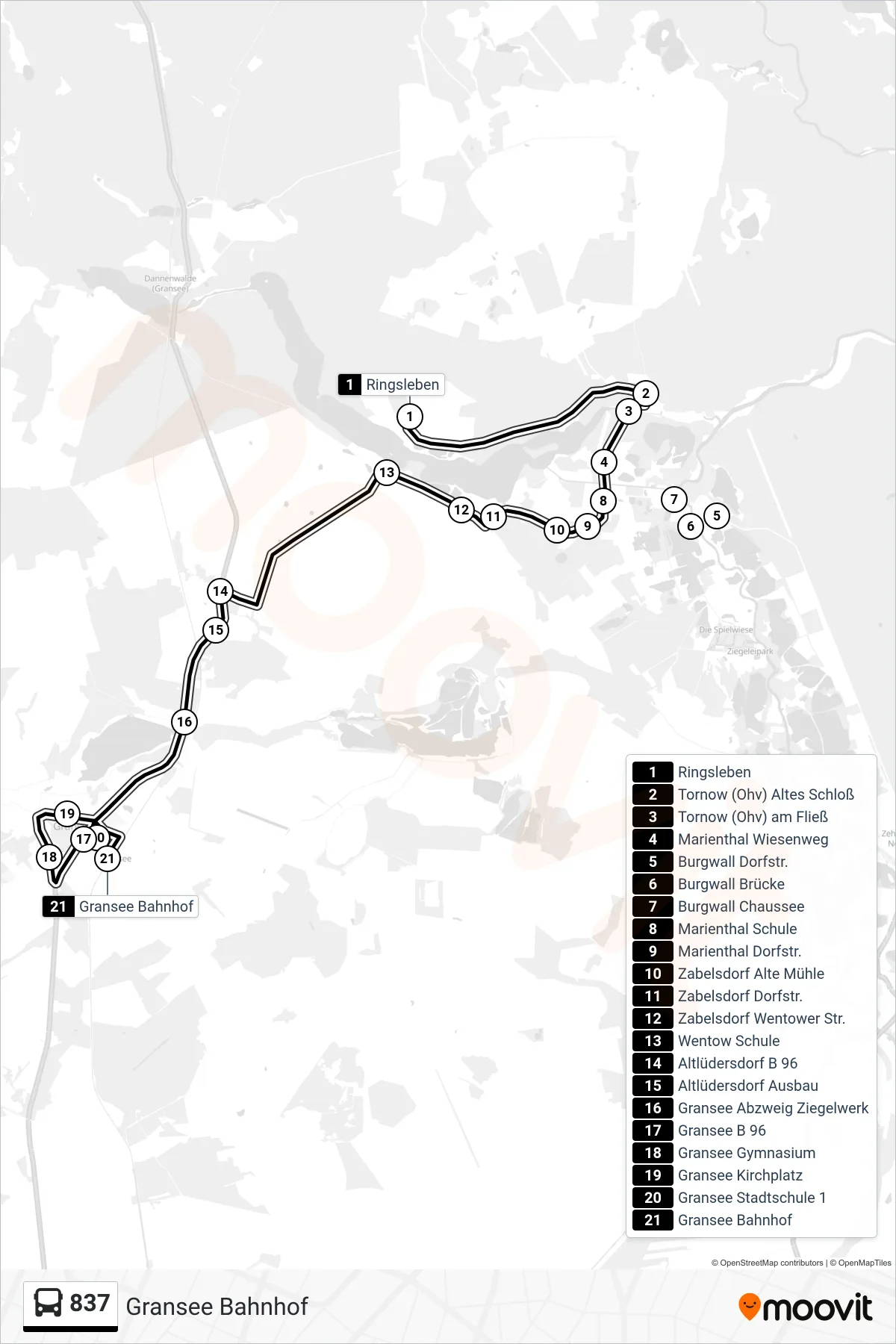 Linie 837 (Bus) Richtung Gransee Bahnhof: Route und Haltestellen auf der Karte
