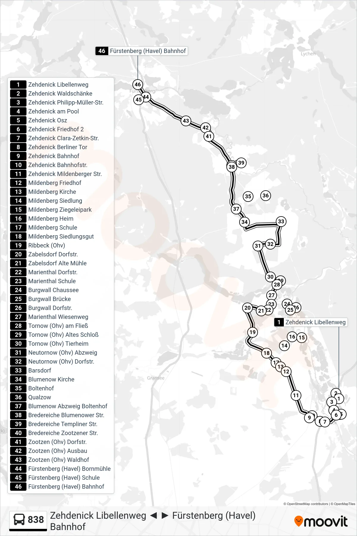 Linie 838 (Bus) Richtung Fürstenberg (Havel) Bahnhof: Route und Haltestellen auf der Karte