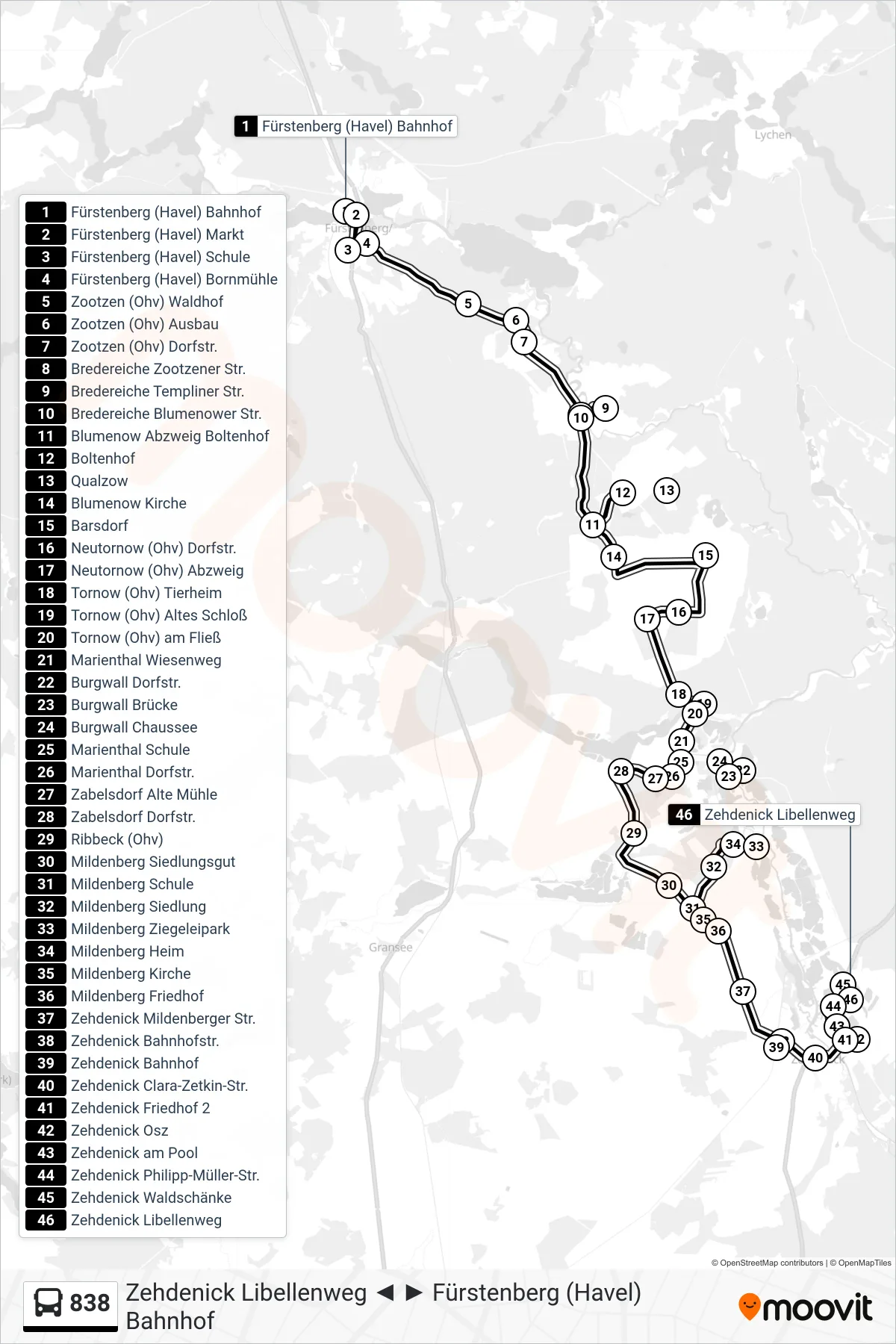 Linie 838 (Bus) Richtung Zehdenick Libellenweg: Route und Haltestellen auf der Karte