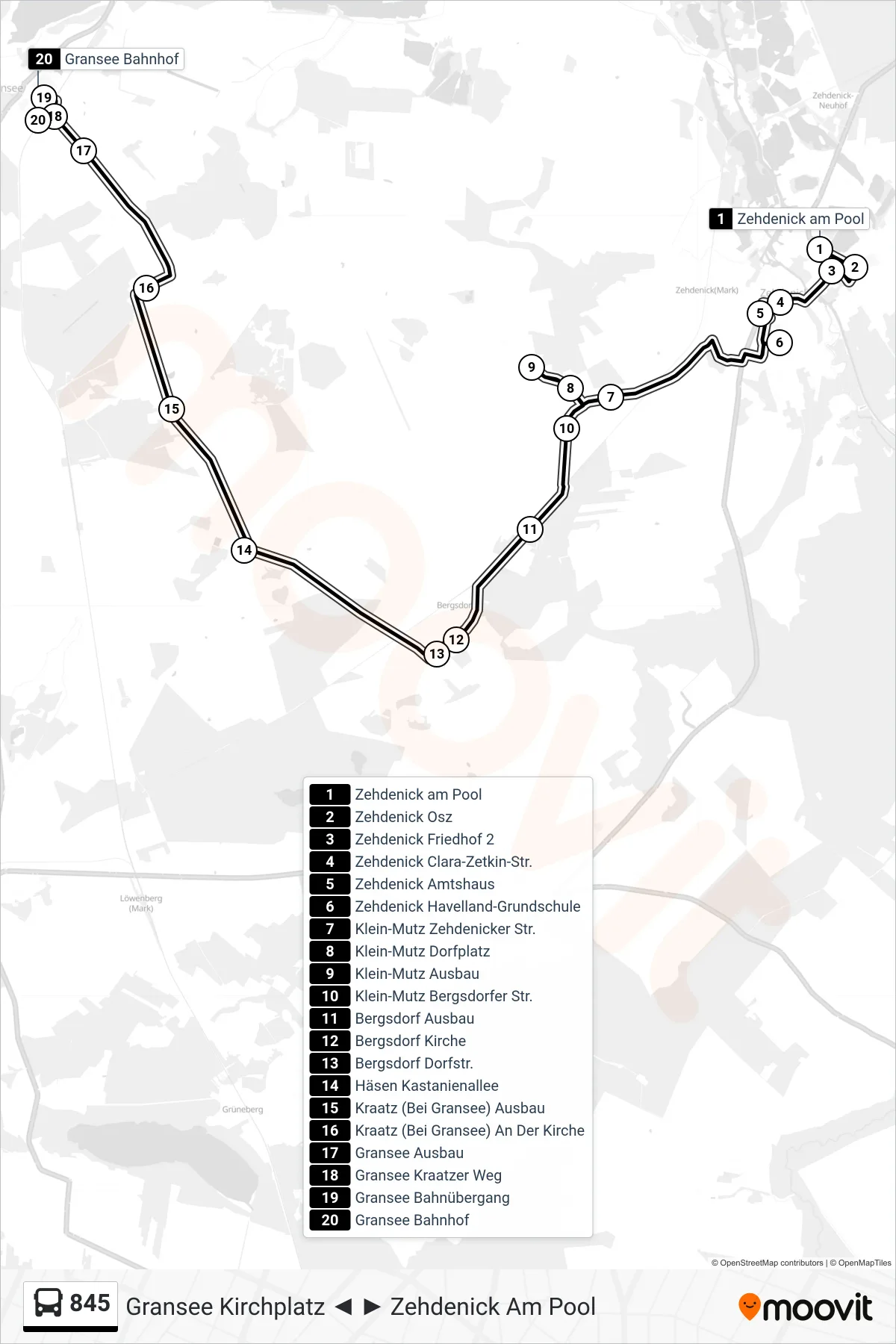 Linie 845 (Bus) Richtung Gransee Bahnhof: Route und Haltestellen auf der Karte