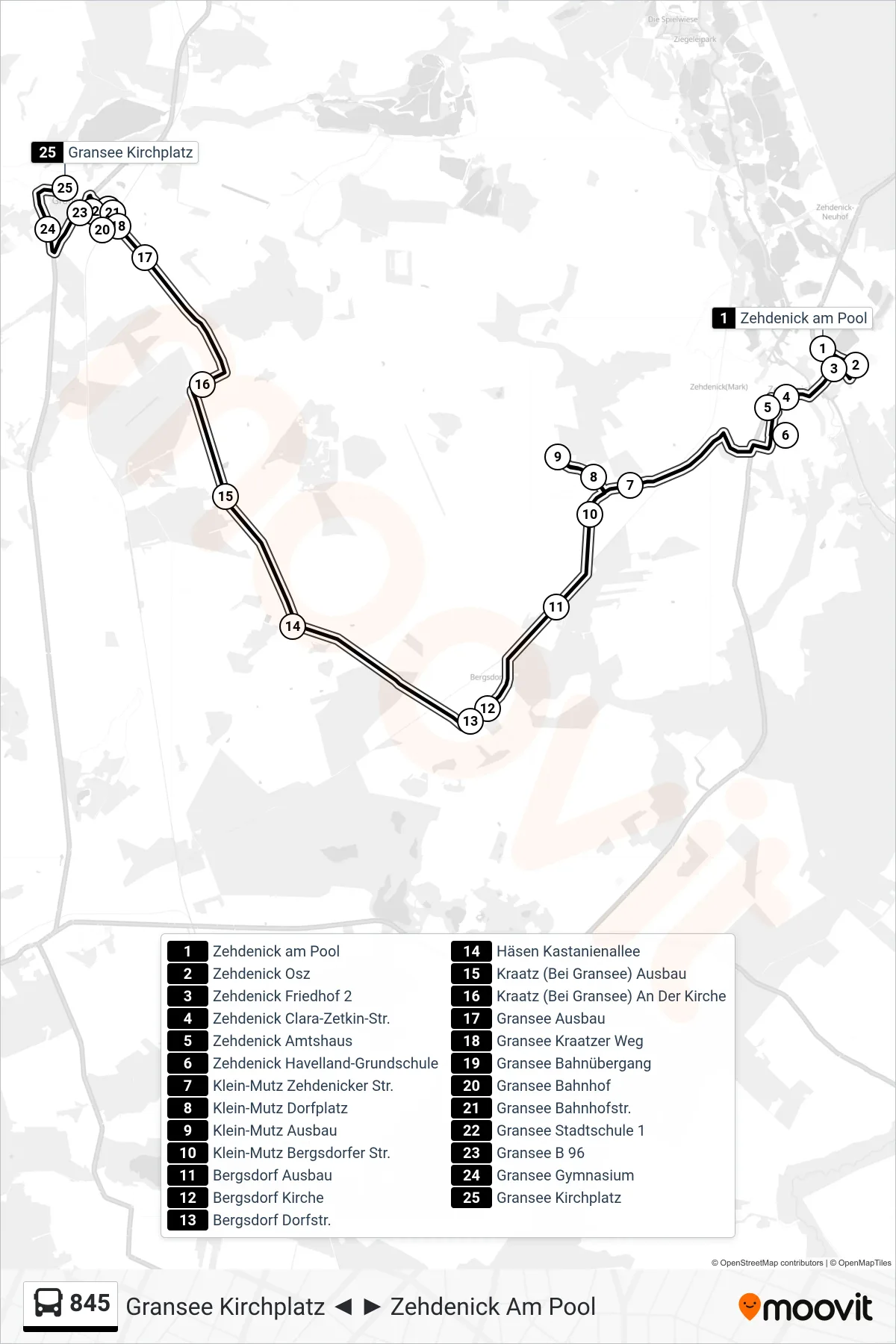 Linie 845 (Bus) Richtung Gransee Kirchplatz: Route und Haltestellen auf der Karte