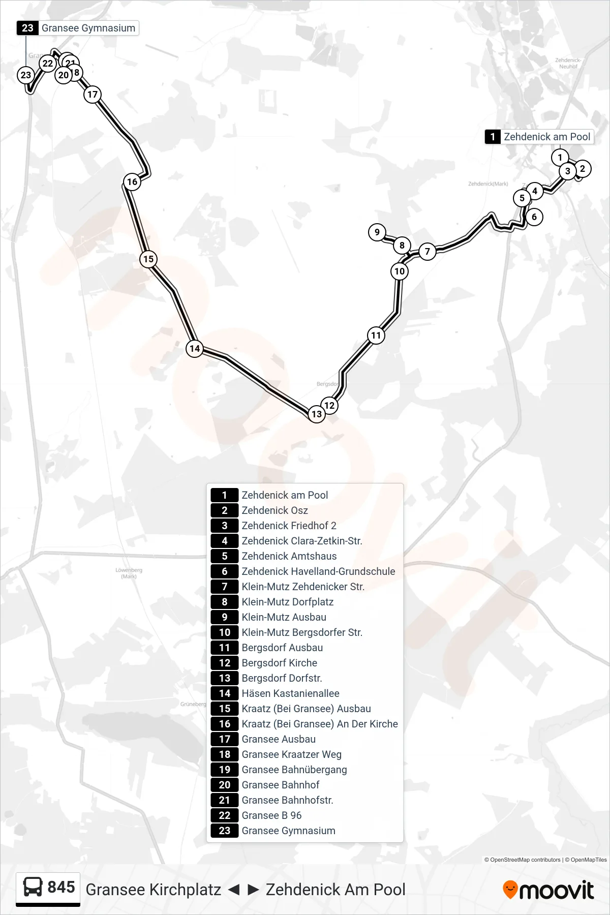 Linie 845 (Bus) Richtung Gransee Gymnasium: Route und Haltestellen auf der Karte