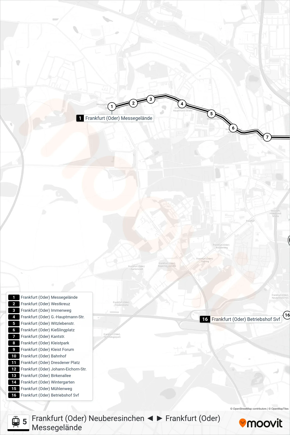 Linie 5 (Straßenbahn) Richtung Frankfurt (Oder) Betriebshof Svf: Route und Haltestellen auf der Karte