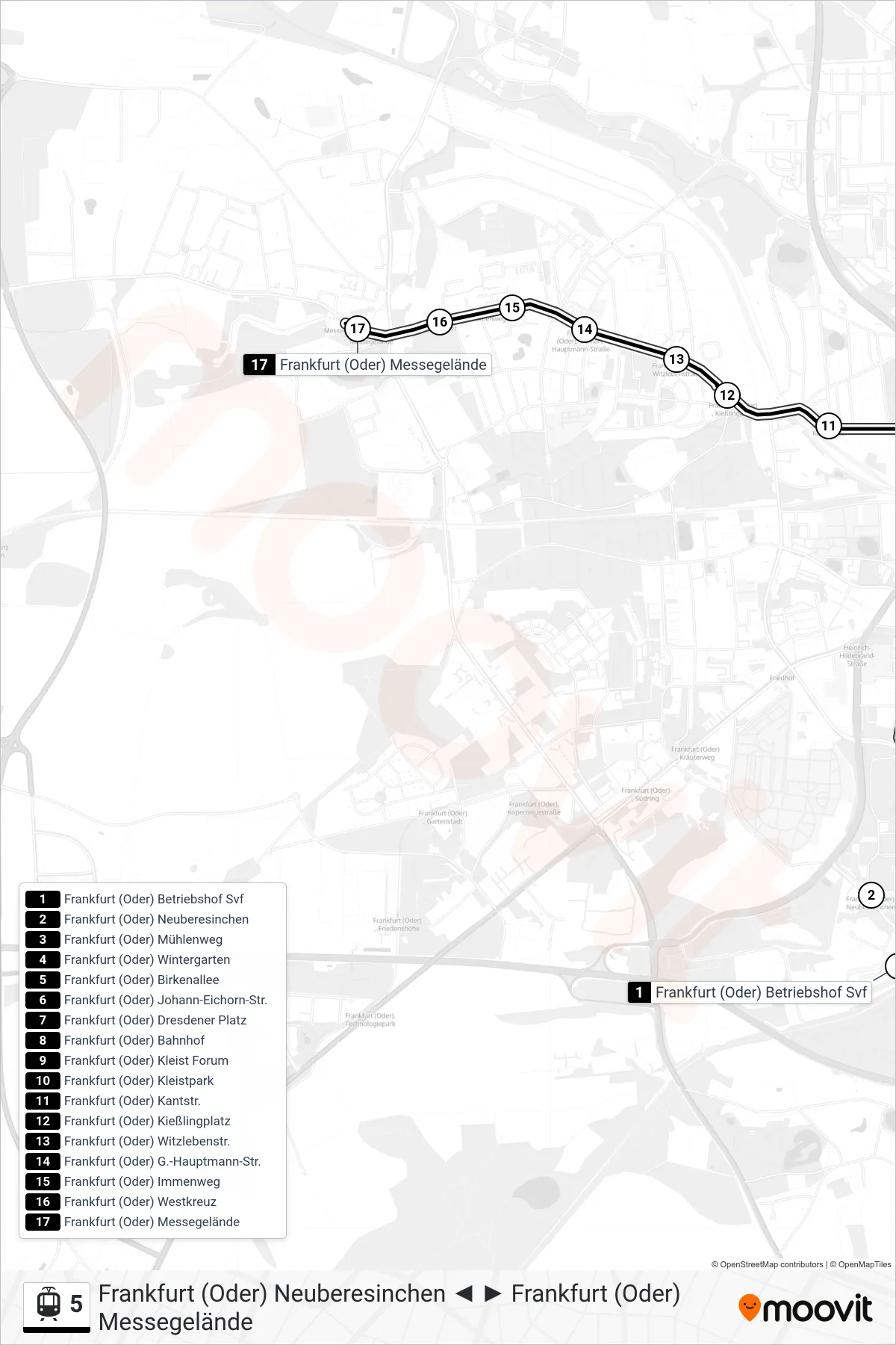 5 light rail Line (Frankfurt (Oder) Messegelände) route and stops on a map