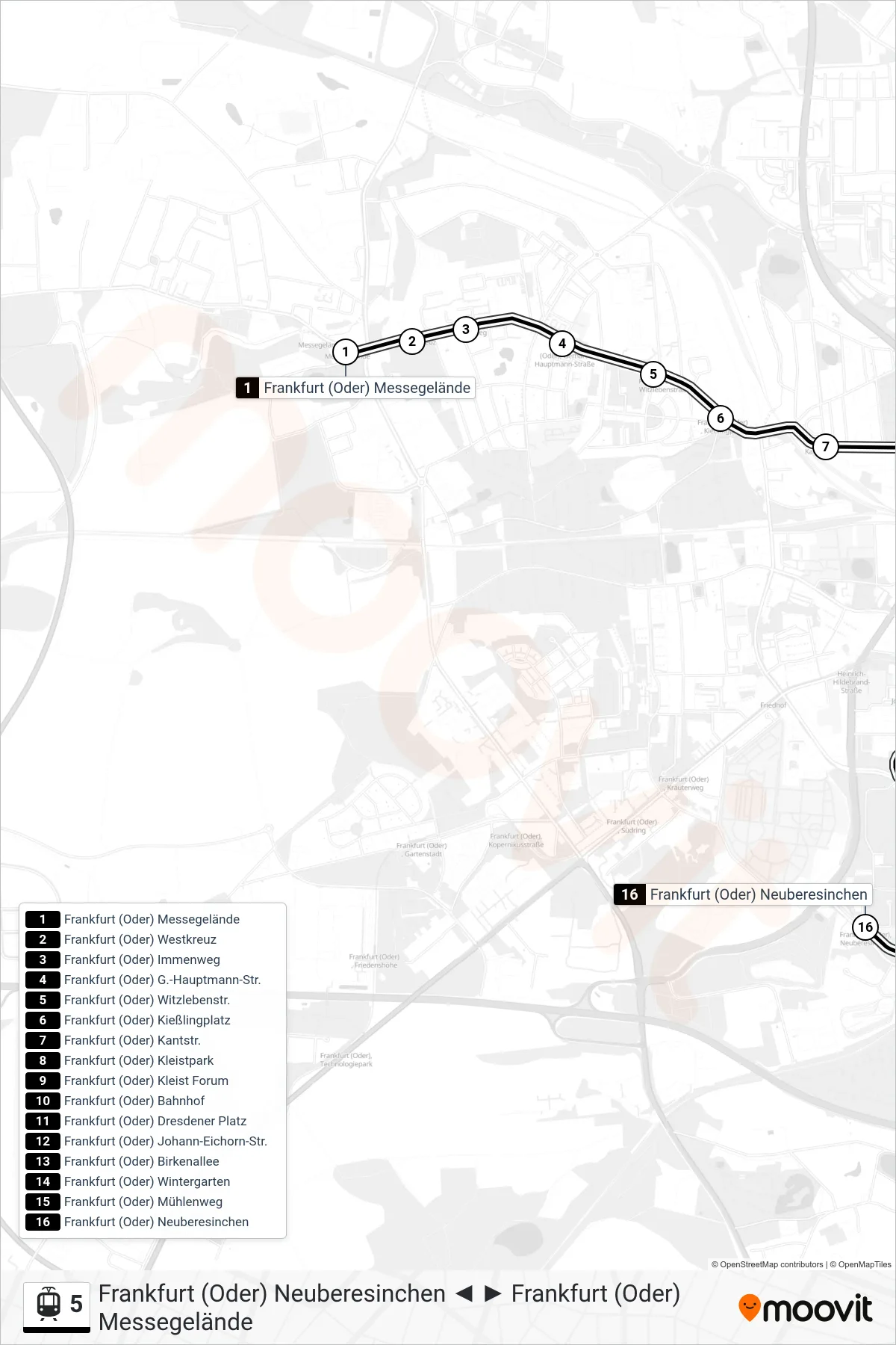 Linie 5 (Straßenbahn) Richtung Frankfurt (Oder) Neuberesinchen: Route und Haltestellen auf der Karte