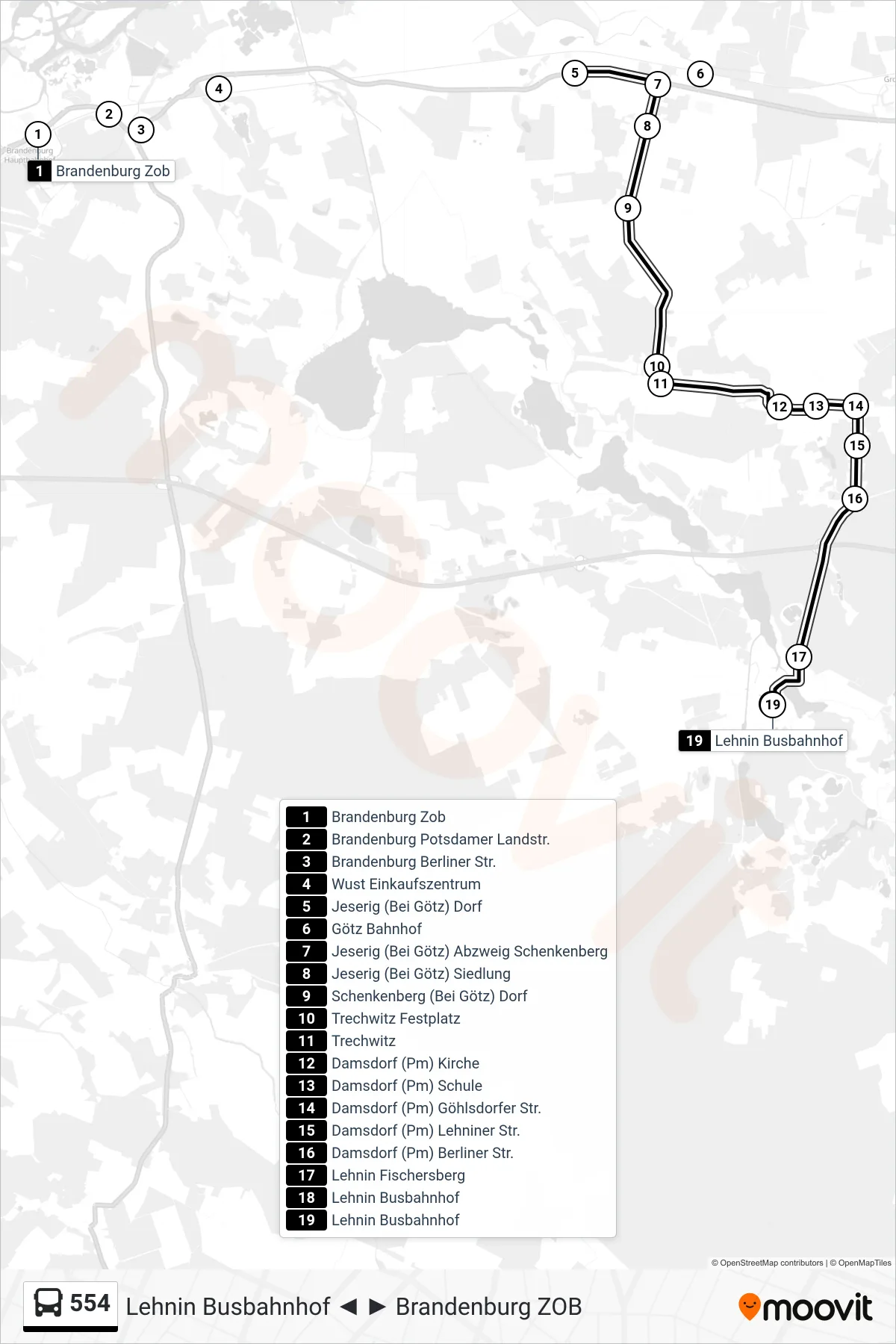 Linie 554 (Bus) Richtung Lehnin Busbahnhof: Route und Haltestellen auf der Karte