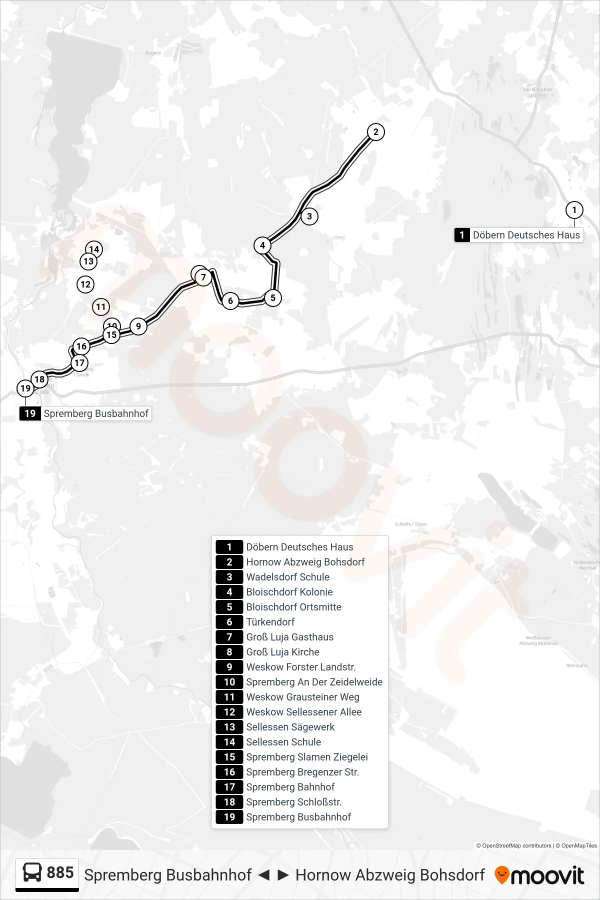 Linie 885 (Bus) Richtung Spremberg Busbahnhof: Route und Haltestellen auf der Karte
