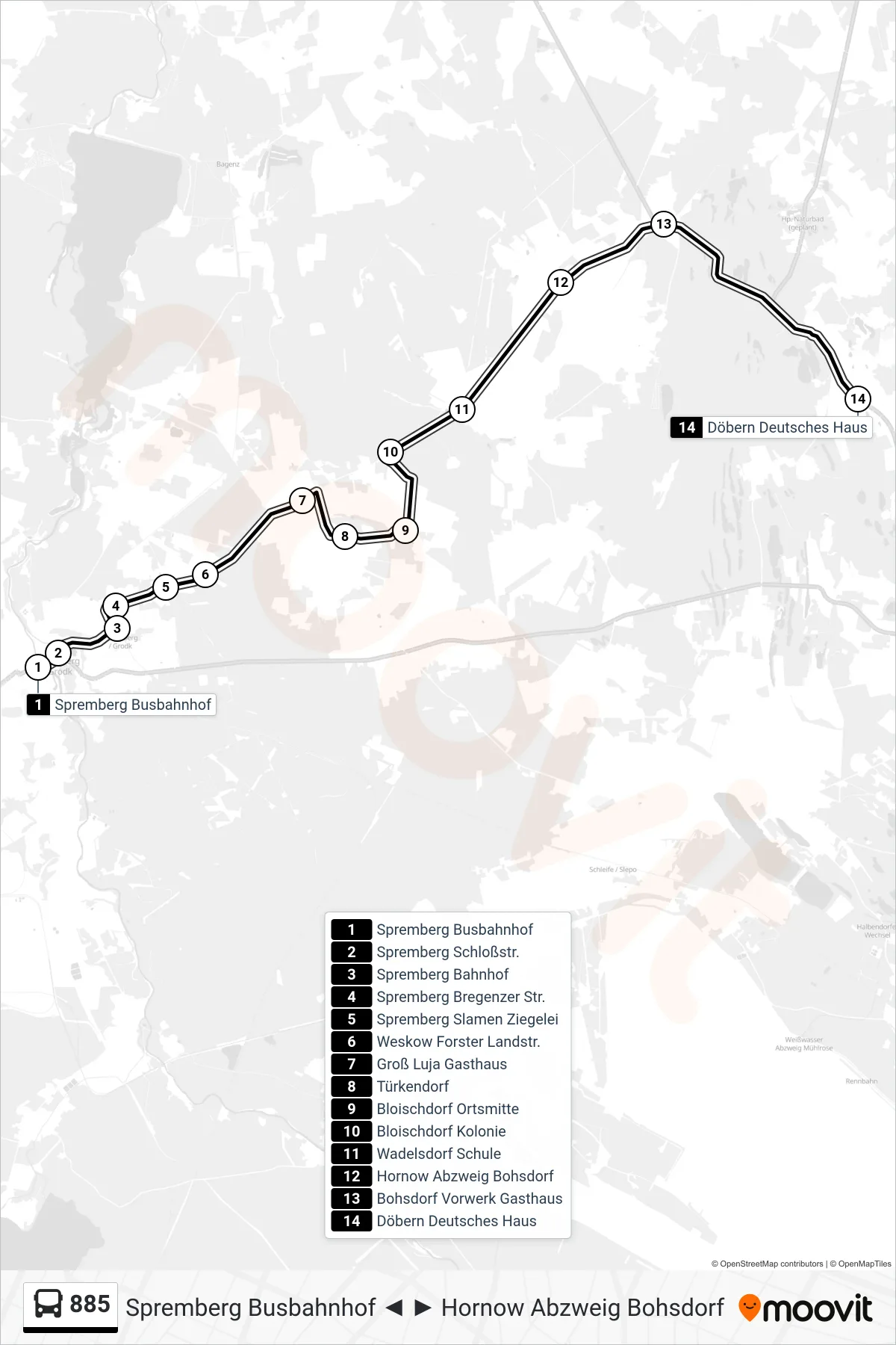 Linie 885 (Bus) Richtung Döbern Deutsches Haus: Route und Haltestellen auf der Karte