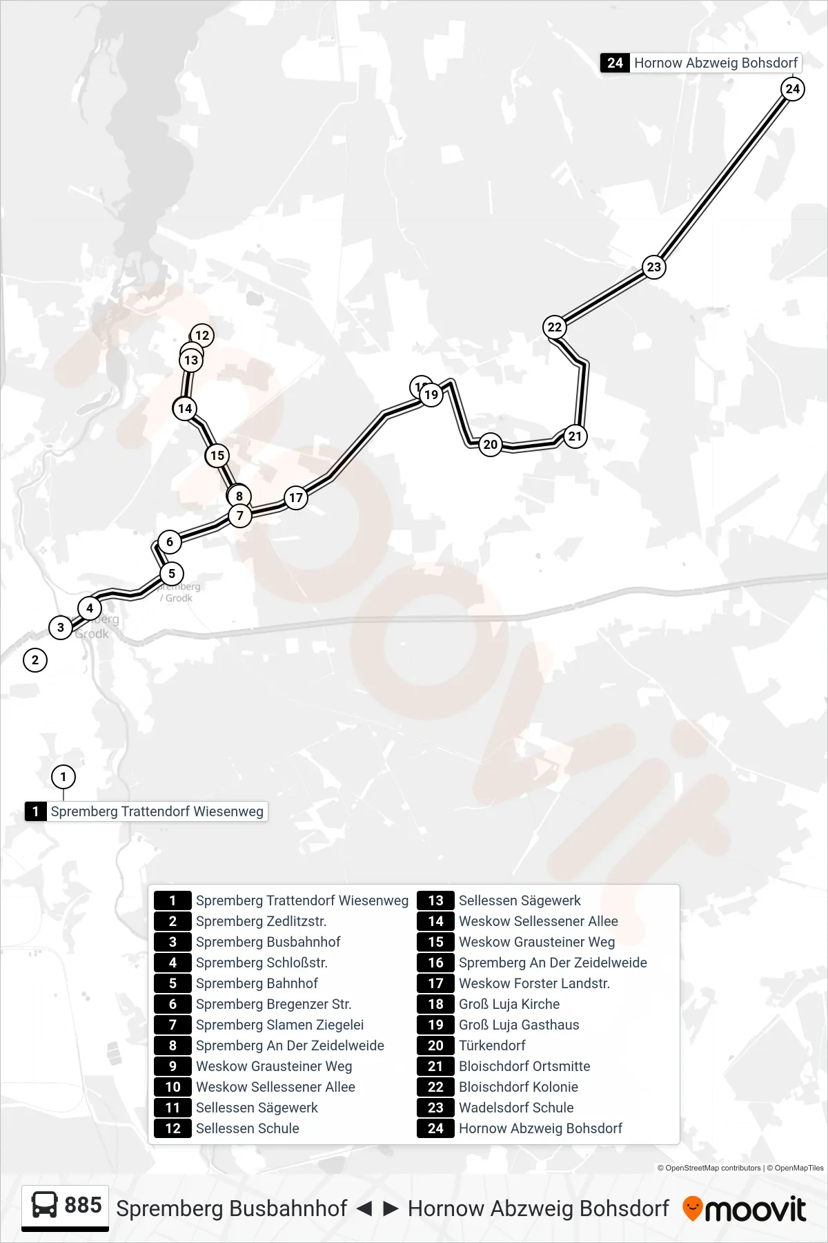 Linie 885 (Bus) Richtung Hornow Abzweig Bohsdorf: Route und Haltestellen auf der Karte