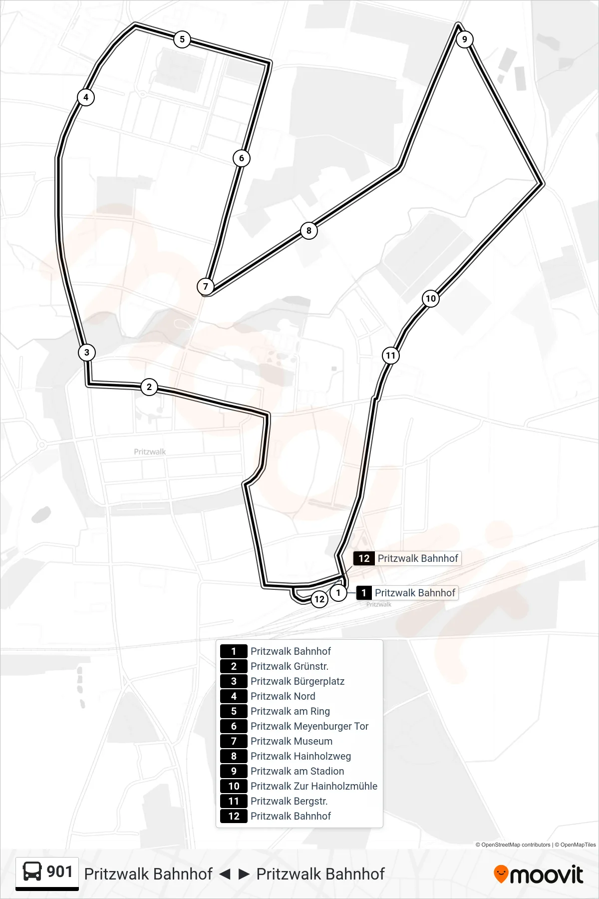 Linie 901 (Bus) Richtung Pritzwalk Bahnhof: Route und Haltestellen auf der Karte