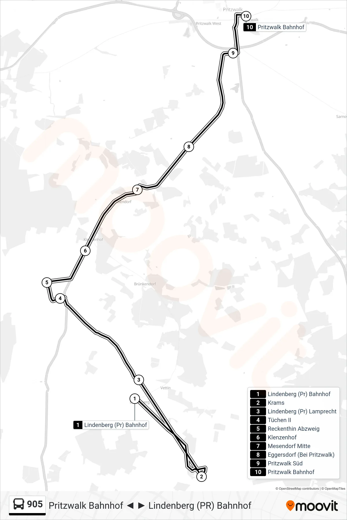 Linie 905 (Bus) Richtung Pritzwalk Bahnhof: Route und Haltestellen auf der Karte