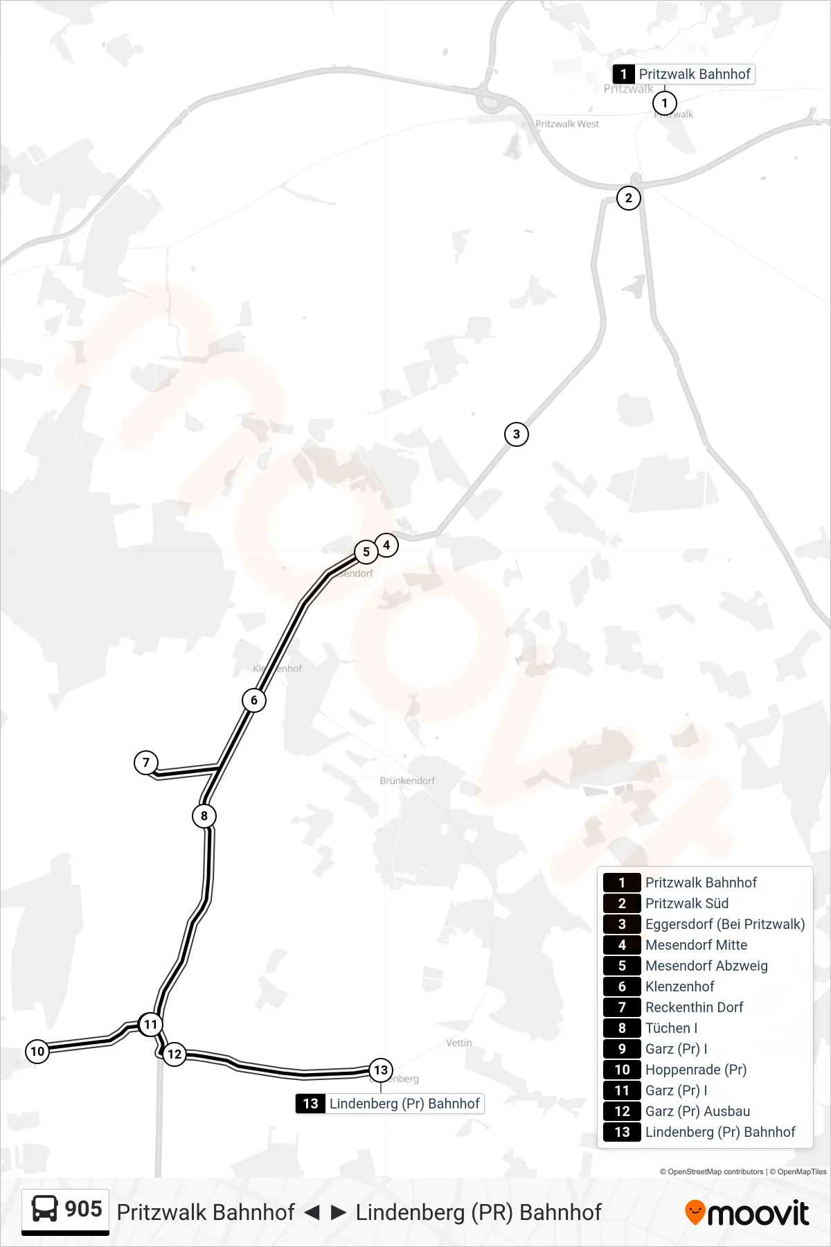 Linie 905 (Bus) Richtung Lindenberg (Pr) Bahnhof: Route und Haltestellen auf der Karte