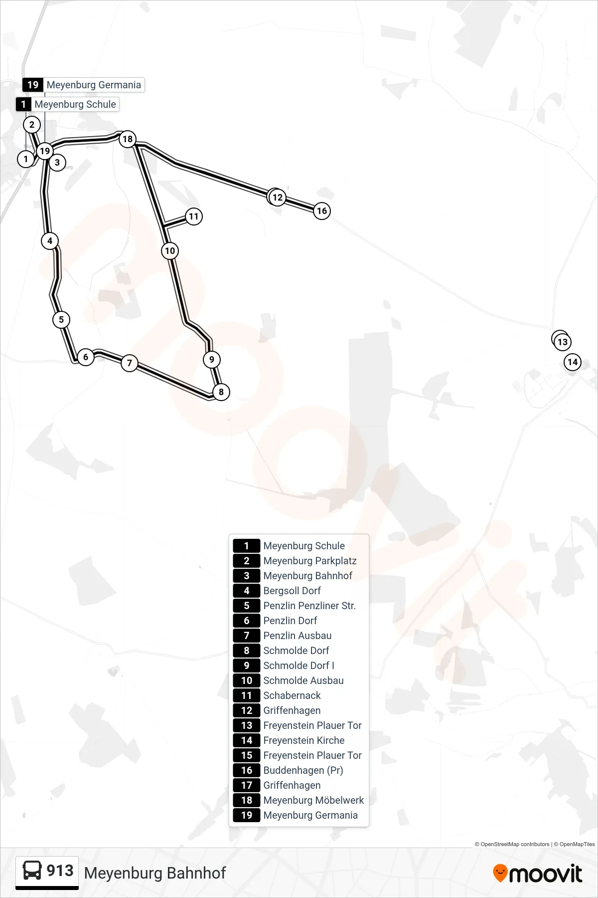 913 bus Line (Meyenburg Bahnhof) route and stops on a map