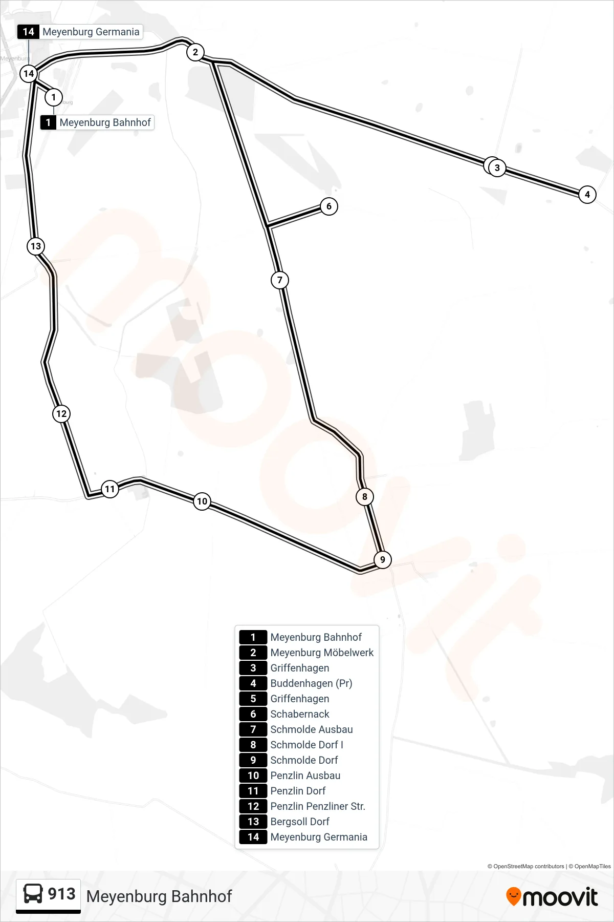 Linie 913 (Bus) Richtung Meyenburg Bahnhof: Route und Haltestellen auf der Karte