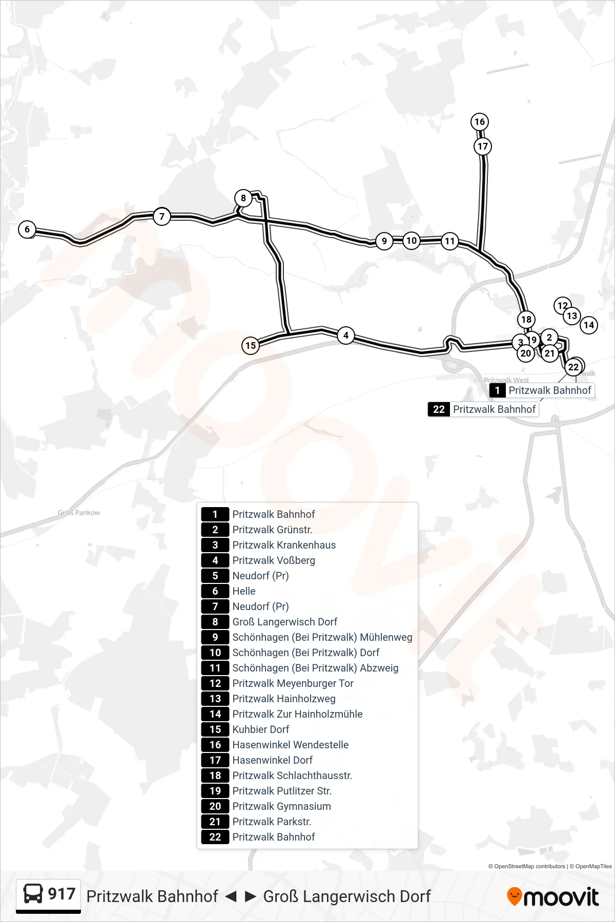 Linie 917 (Bus) Richtung Pritzwalk Bahnhof: Route und Haltestellen auf der Karte