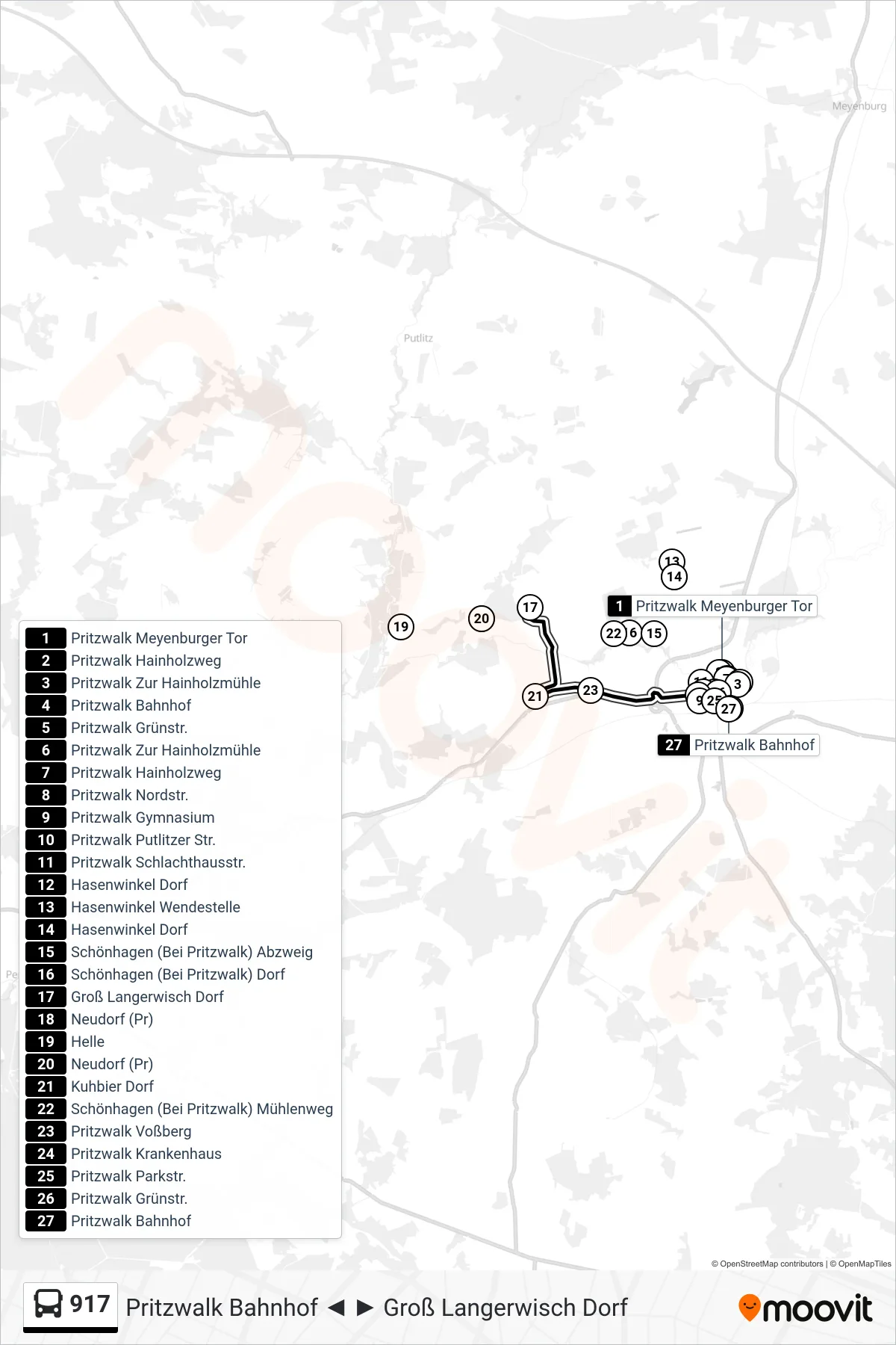 Linie 917 (Bus) Richtung Pritzwalk Bahnhof: Route und Haltestellen auf der Karte