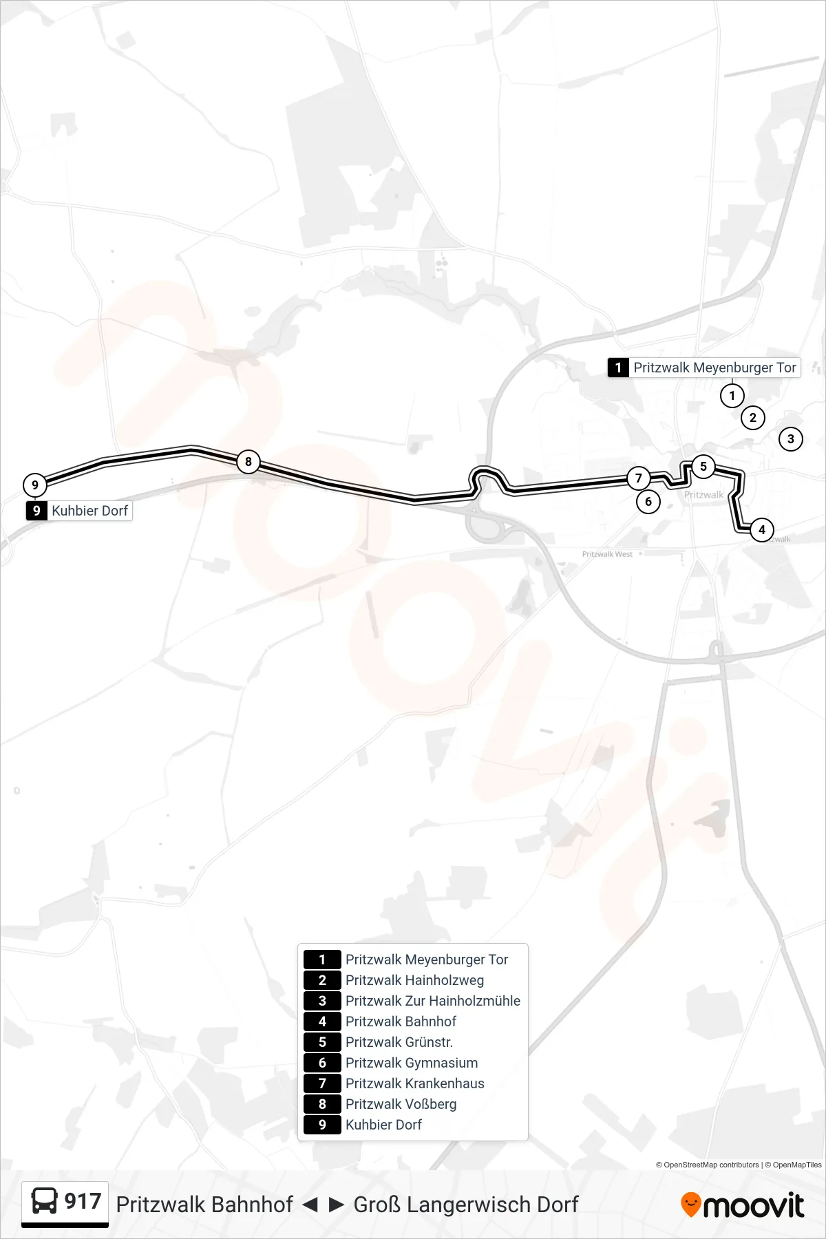 Linie 917 (Bus) Richtung Kuhbier Dorf: Route und Haltestellen auf der Karte