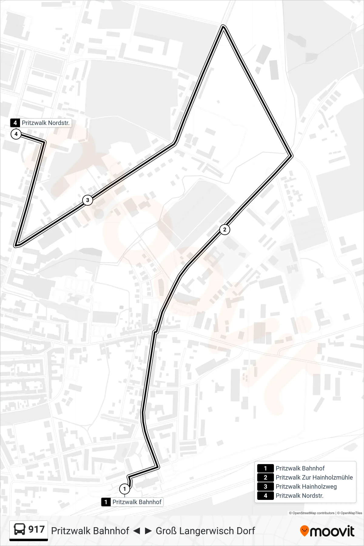 Linie 917 (Bus) Richtung Pritzwalk Nordstr.: Route und Haltestellen auf der Karte