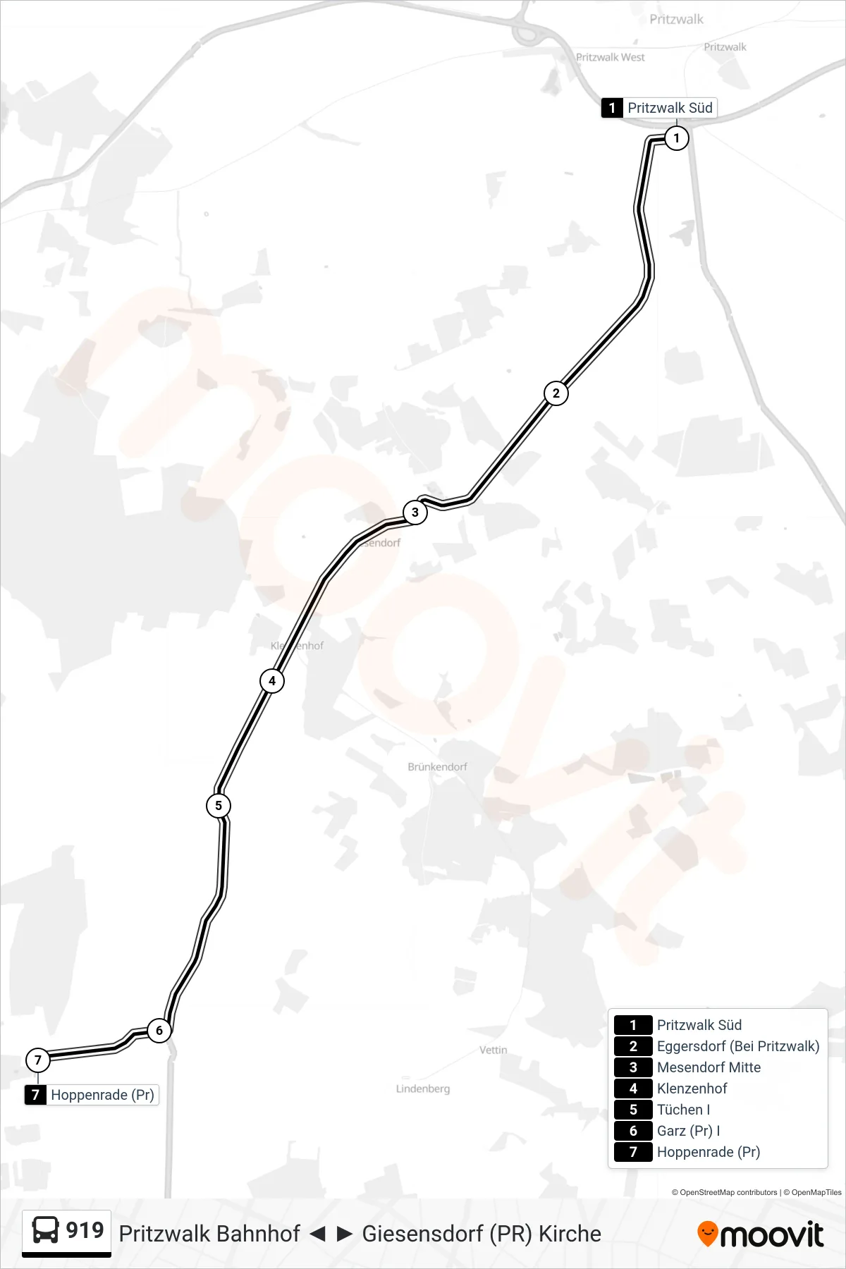 919 bus Line (Hoppenrade (Pr)) route and stops on a map
